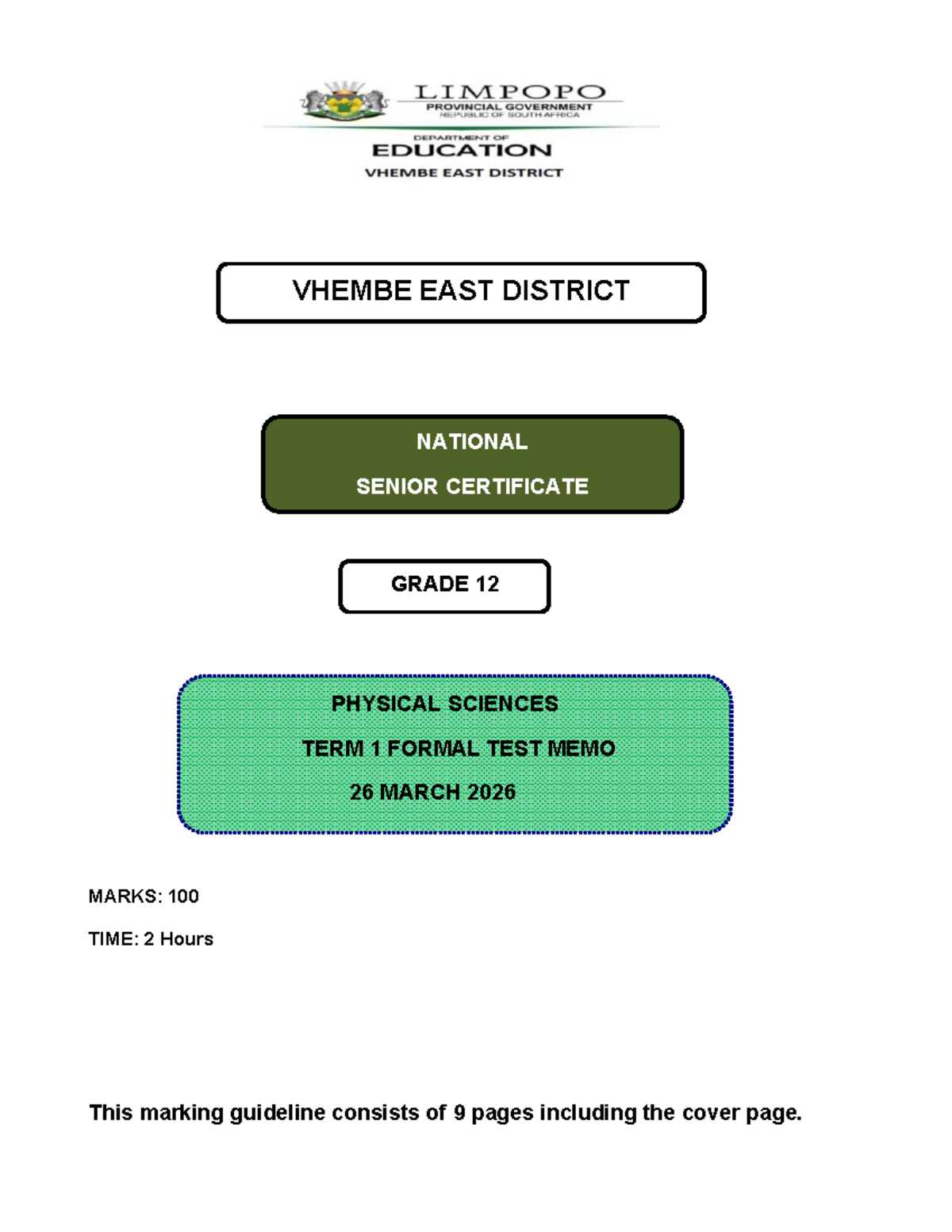2026 PHSC GR 12 TERM 1 TEST MEMO & MARKING GUIDELINES - Studocu