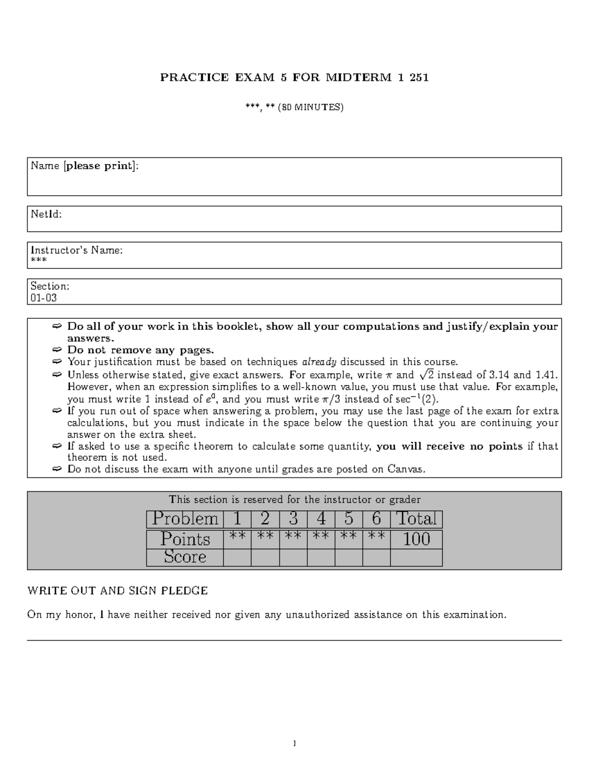 Practice Exam 5 for Midterm 1 - Course 251 - Studocu