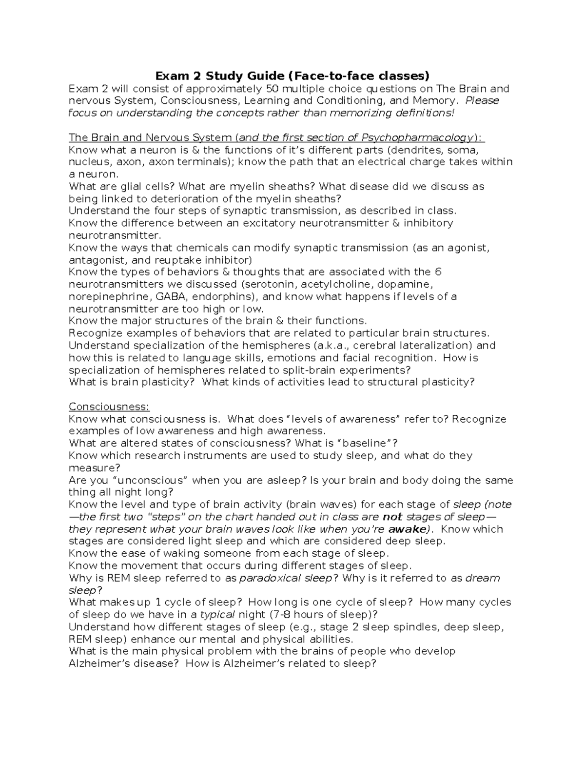 Exam 2 Study Guide: Brain, Consciousness, Learning & Memory - Studocu