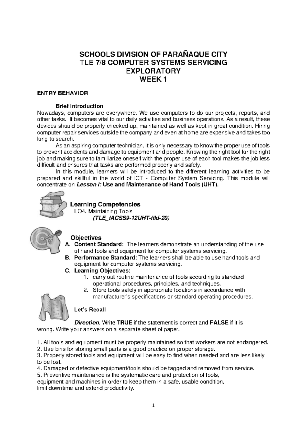 TLE 7/8 Module 4: Week 1 Hand Tools Maintenance and Care - Studocu