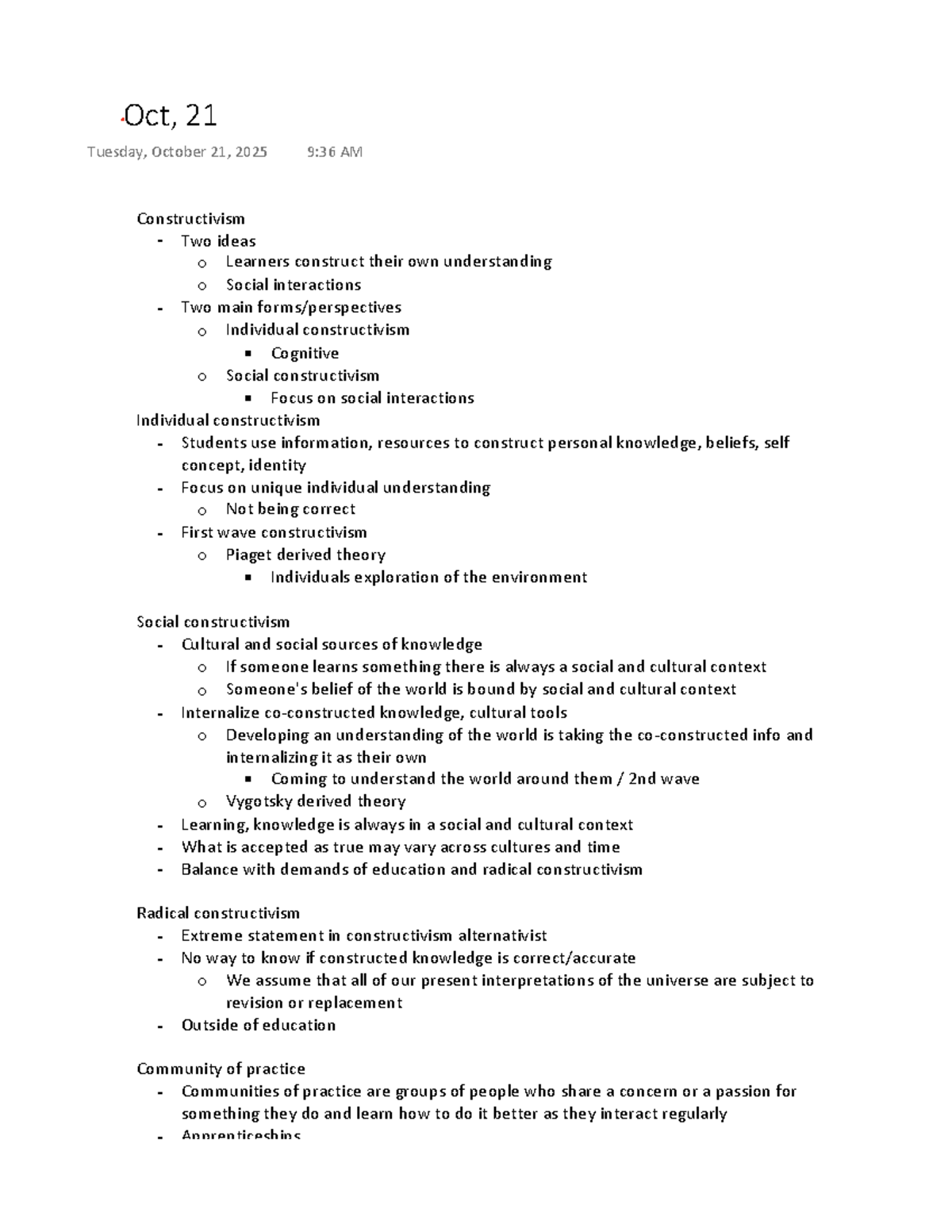 EDU 101 - Oct 21 Lecture Notes on Constructivism Concepts - Studocu