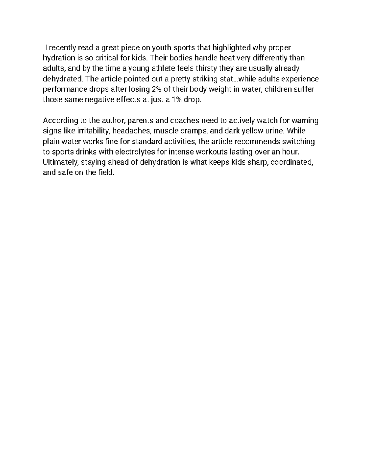 Healthy Hydration for Youth Sports: Importance and Tips - Studocu