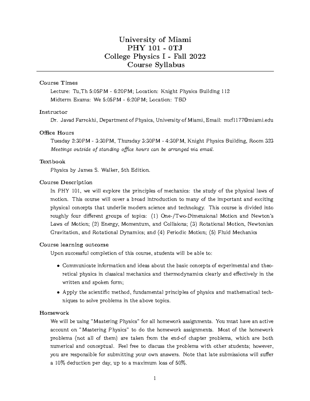 PHY 101 - College Physics I Course Syllabus - Fall 2022 - Studocu