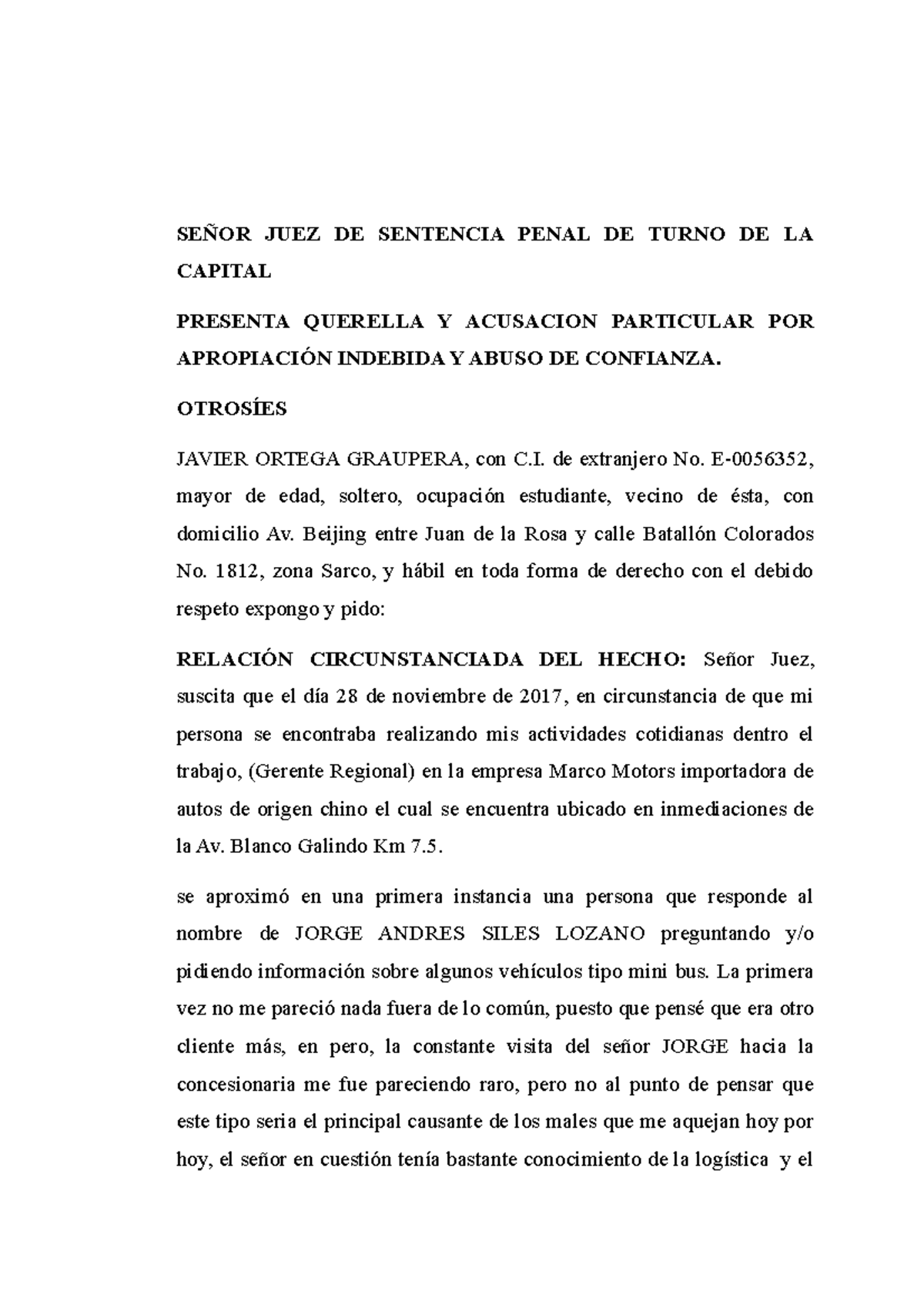 Acusación Particular por Apropiación Indebida y Abuso de Confianza - Document Preview