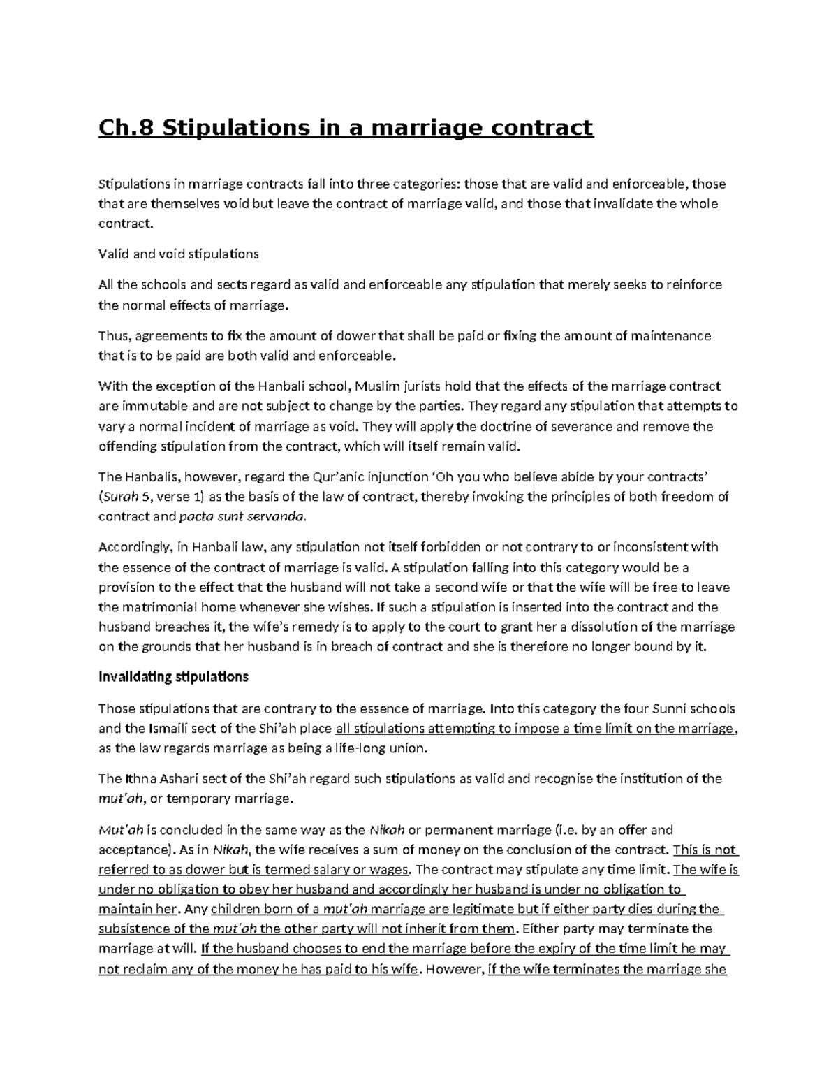Ch.8 Stipulations in Marriage Contracts: Validity and Implications ...