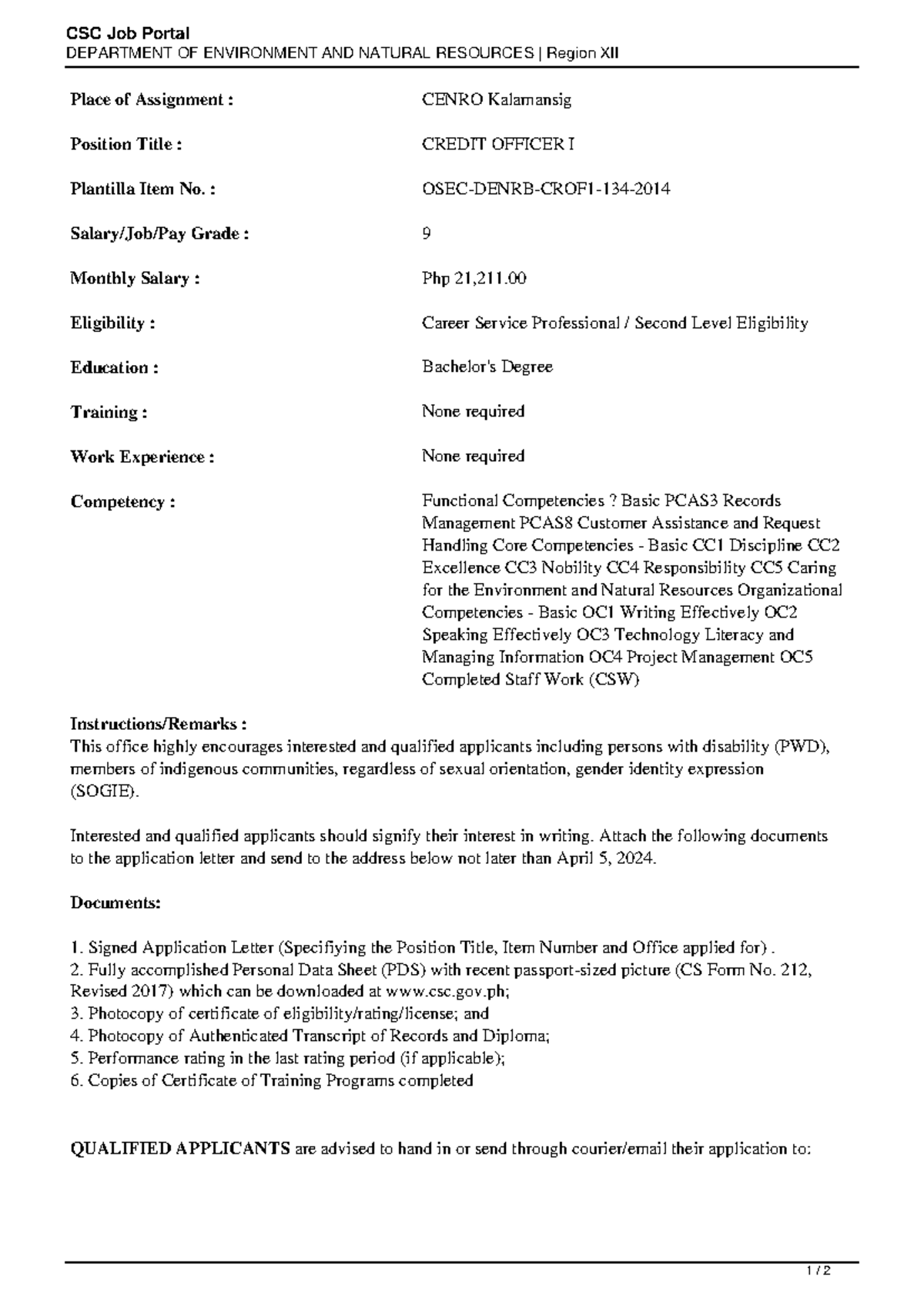DENR Job Posting: Credit Officer I Position - CENRO Kalamansig - Studocu