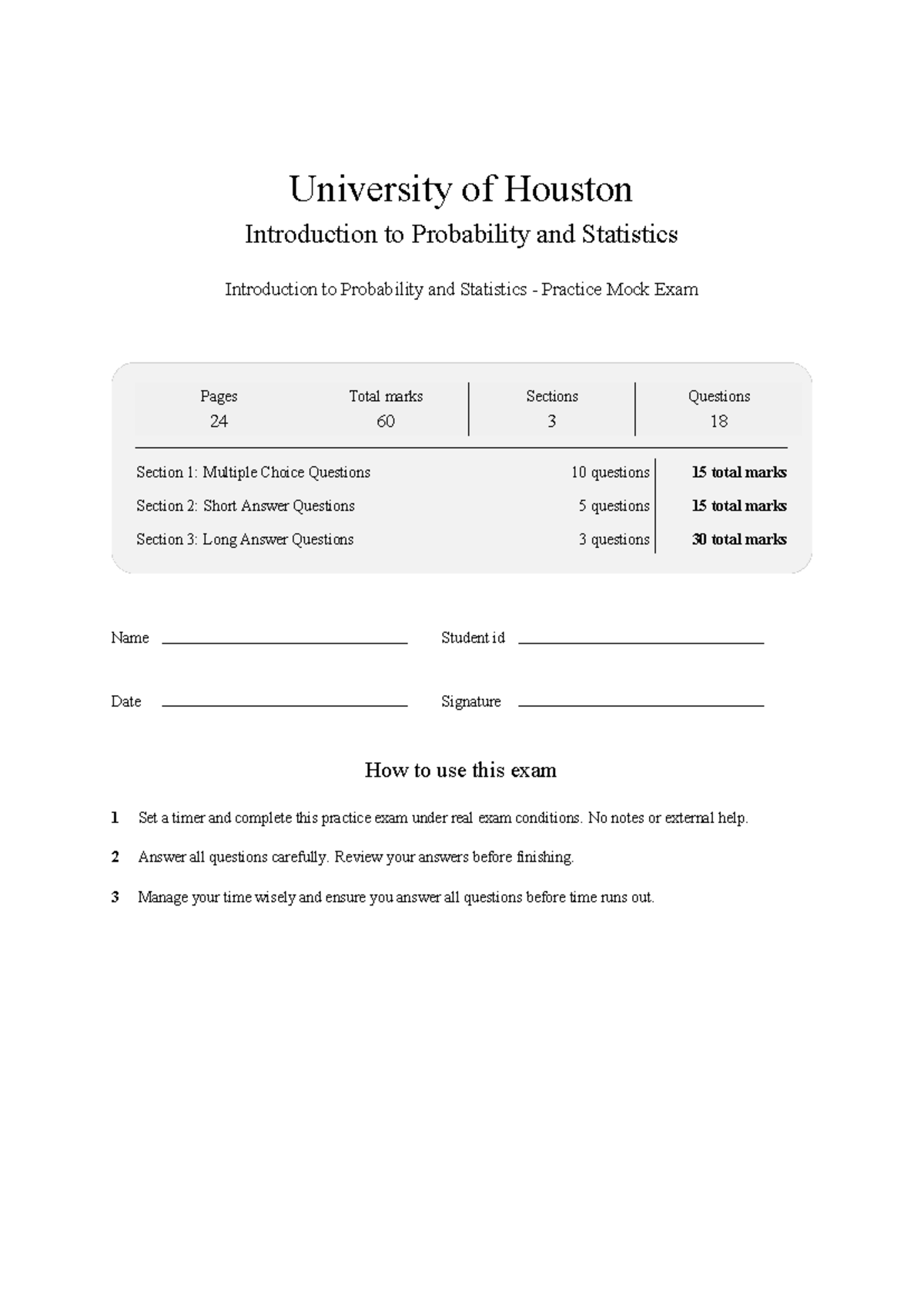 MATH 2311 Introduction to Probability and Statistics Mock Exam Study ...