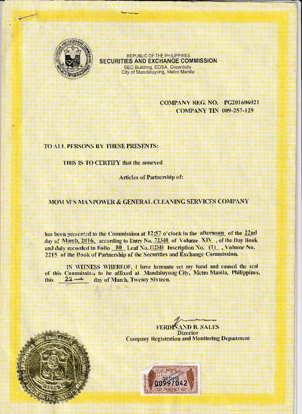 SEC Articles of Partnership Certification for Moni's Manpower Services ...