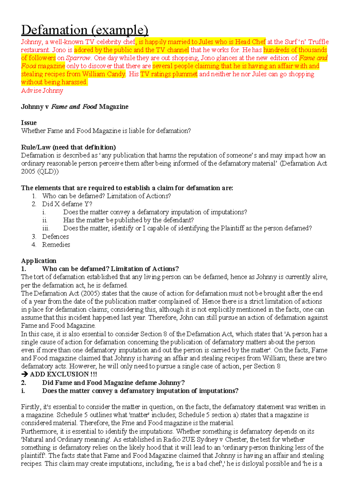 Defamation - notes - Defamation (example) Johnny, a well-known TV ...