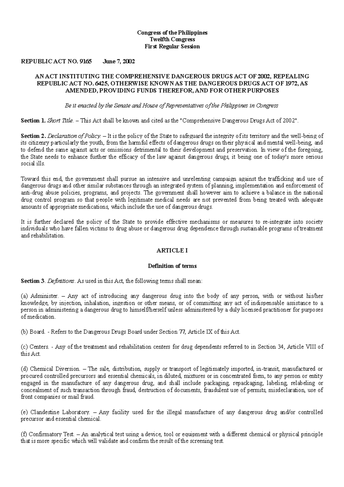 RA 9165: Comprehensive Dangerous Drugs Act of 2002 Overview - Studocu