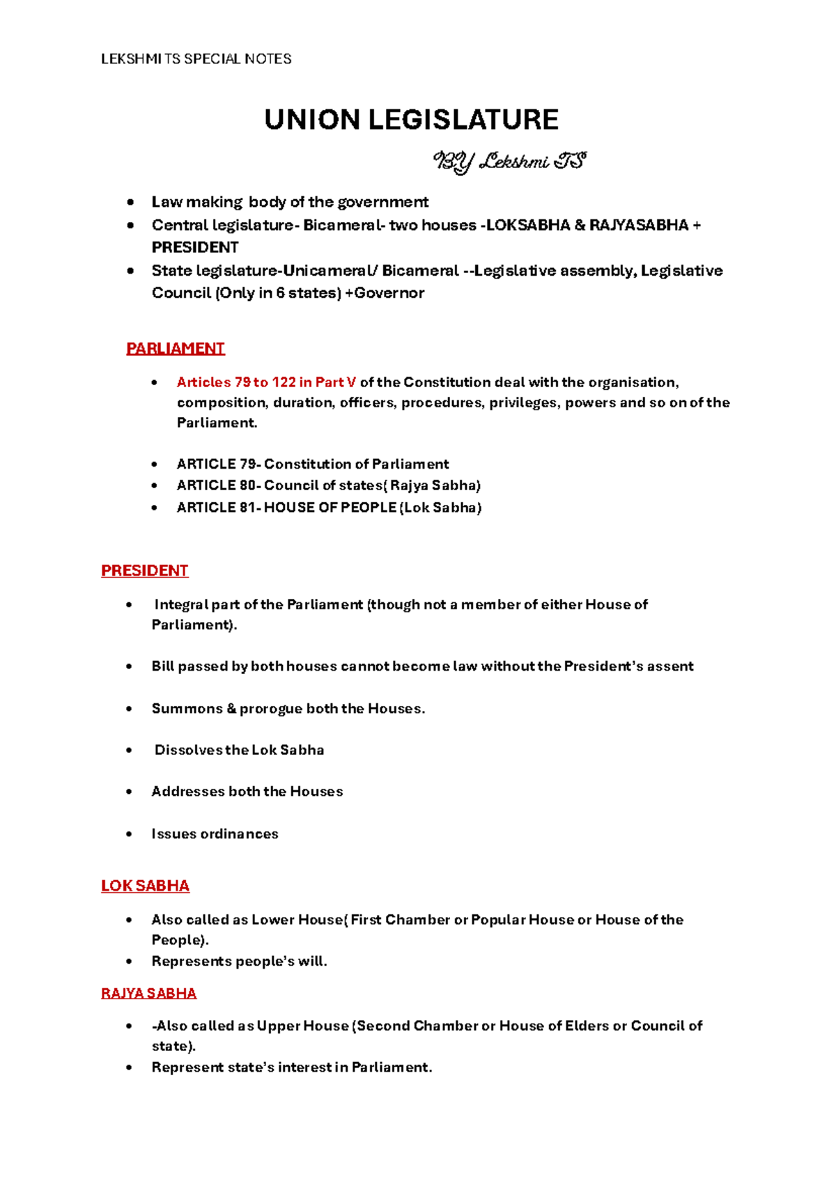 LEKSHMI TS SPECIAL NOTES ON UNION LEGISLATURE AND PARLIAMENT - Studocu