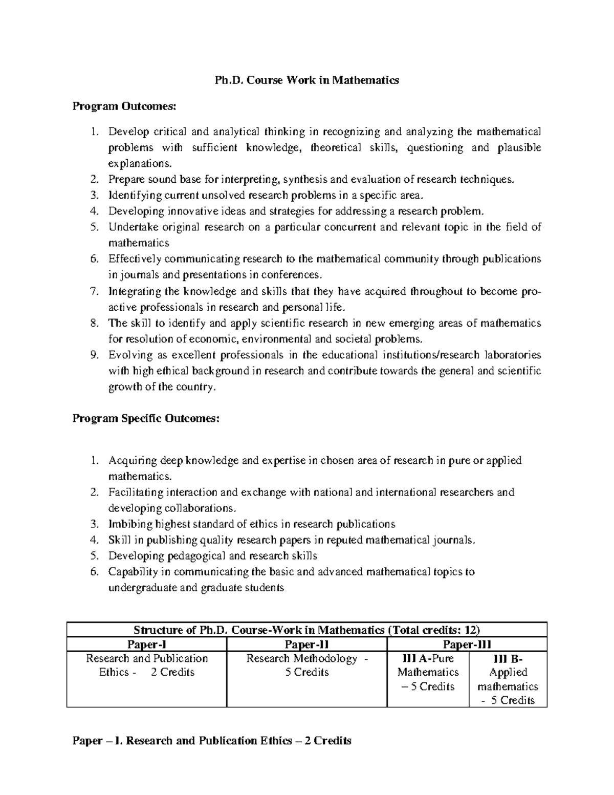 Ph. D. Course Work: Ethics, Pure & Applied Mathematics (Credits: 12 ...