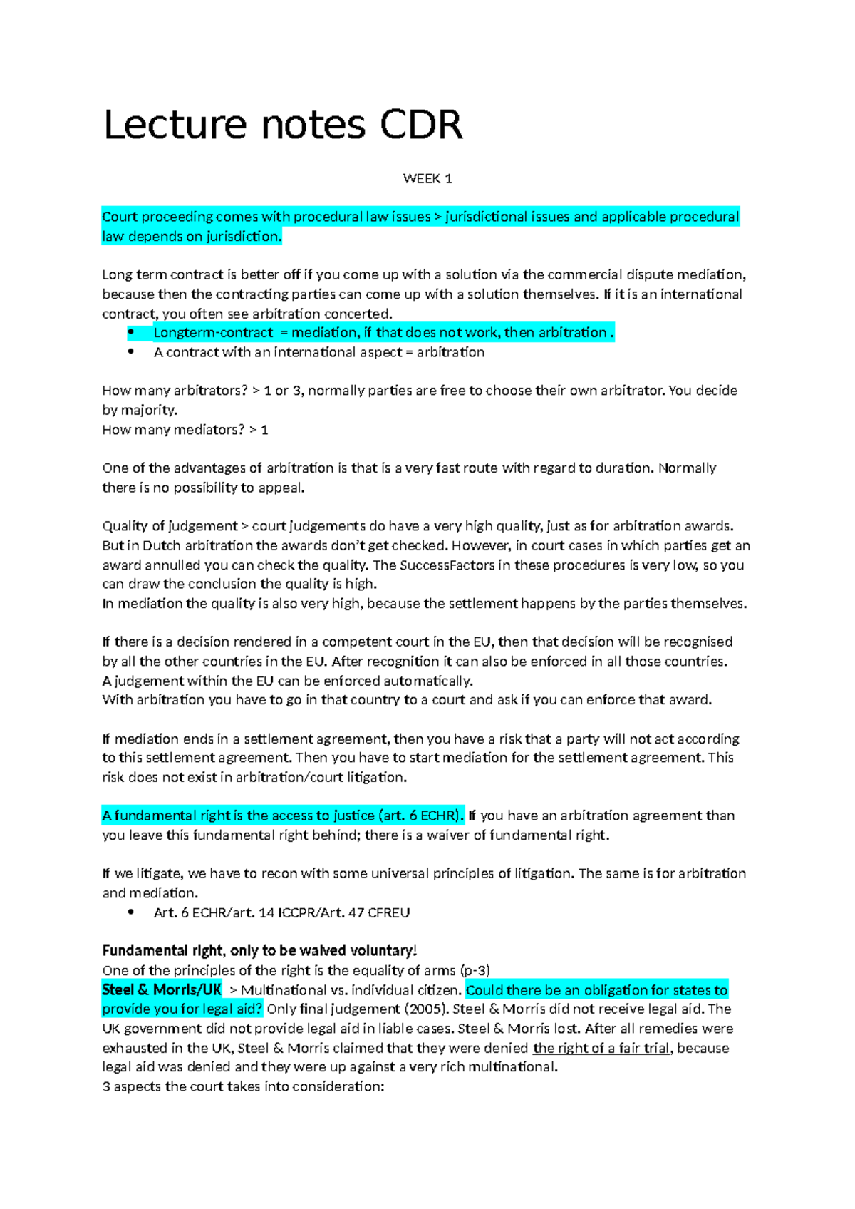 Lecture Notes CDR - Week 1-6 on Court Proceedings and Dispute ...