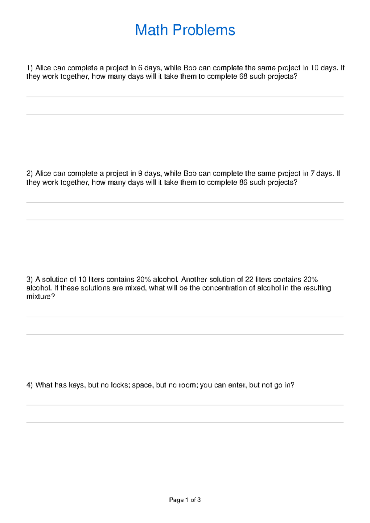 Word Problems - Math Problems Alice can complete a project in 6 days ...