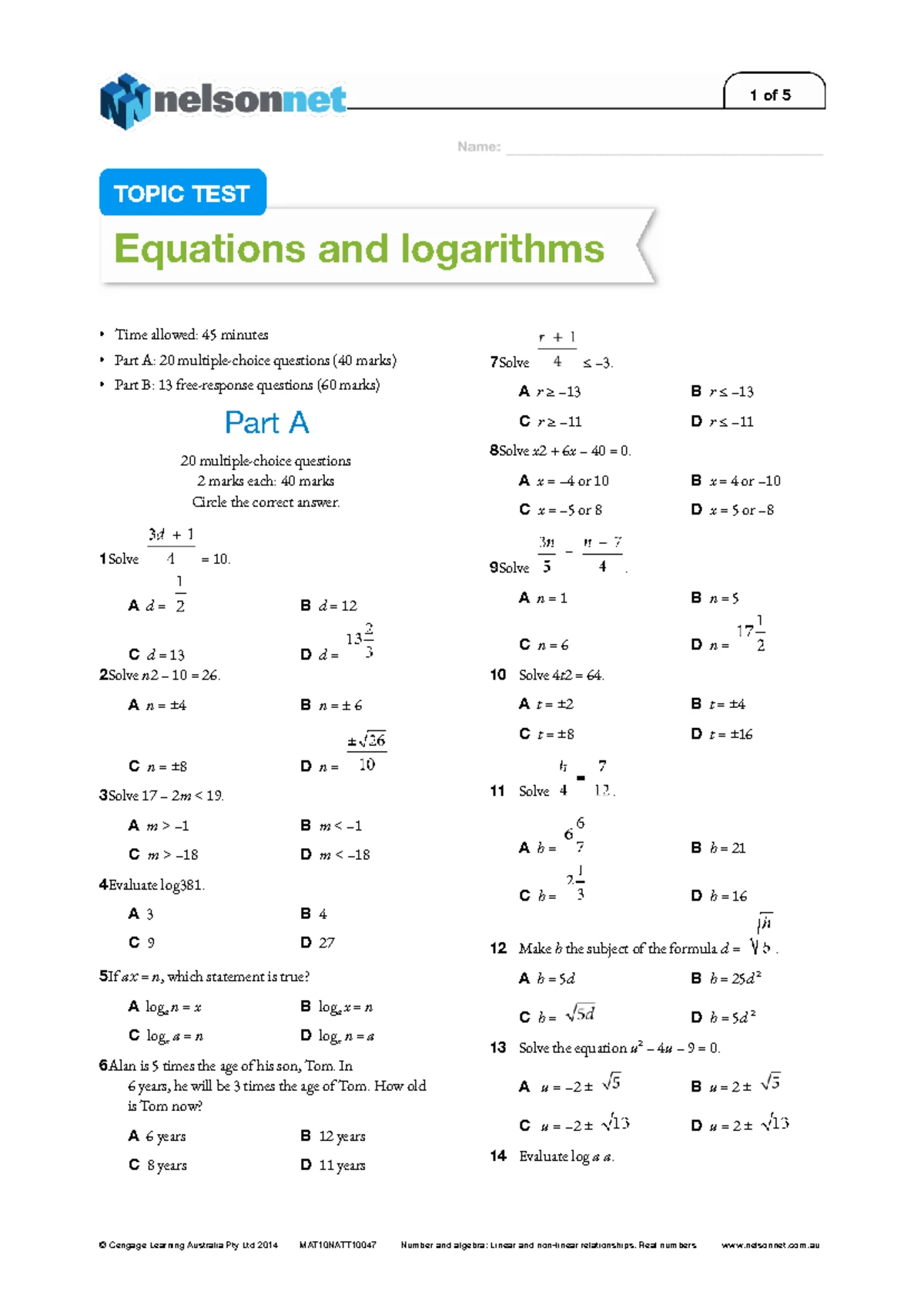 MAT10NATT10049 Topic Test: Simultaneous Equations Solutions - Studocu