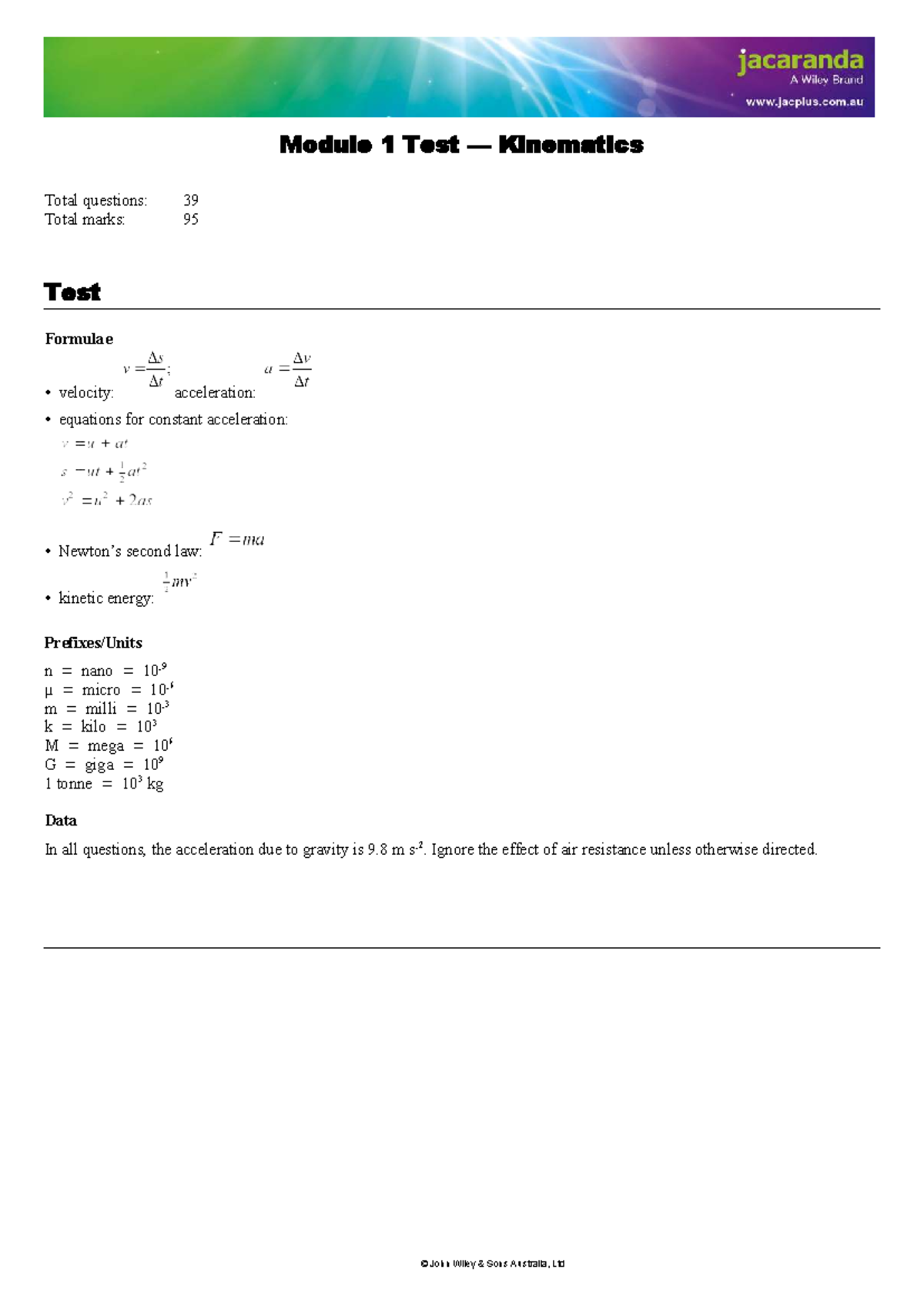 Jacaranda Module 1 Kinematics Topic Test (with Answers) - Studocu