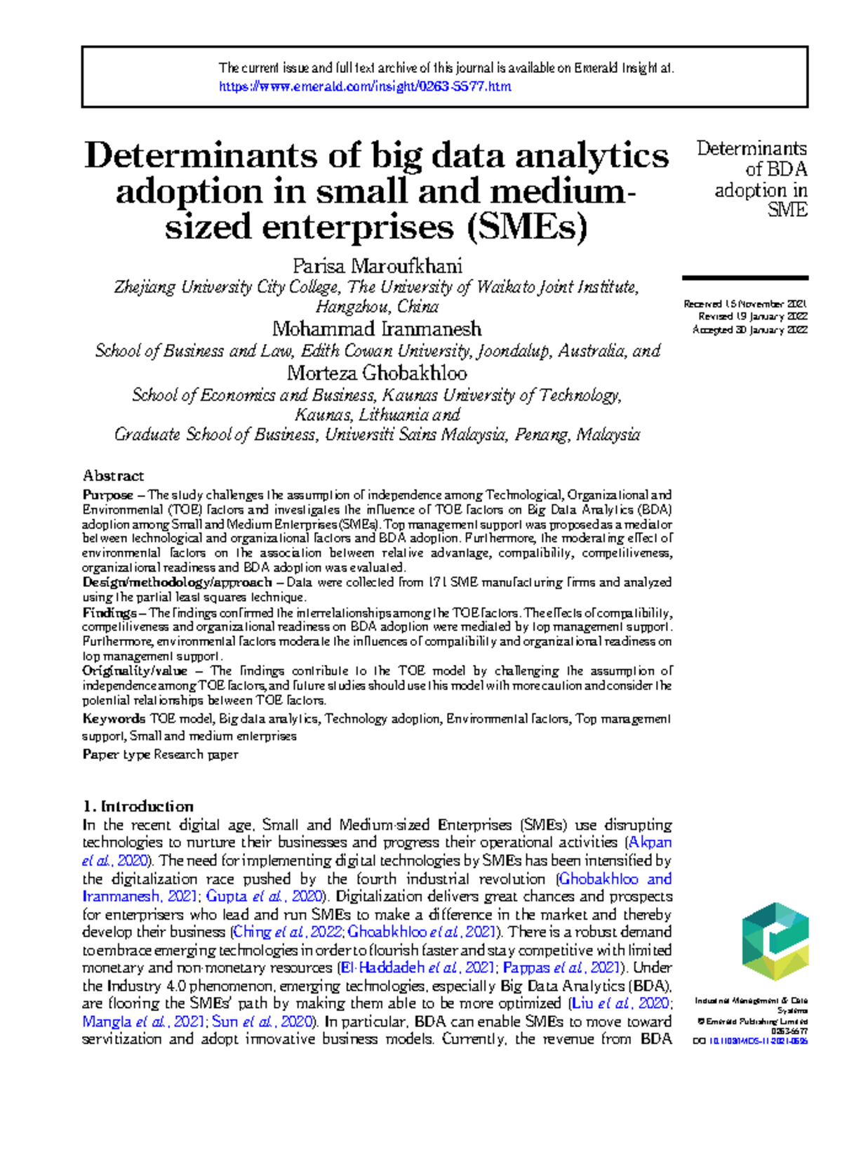 Determinants of Big Data Analytics Adoption in SMEs: Insights from TOE ...