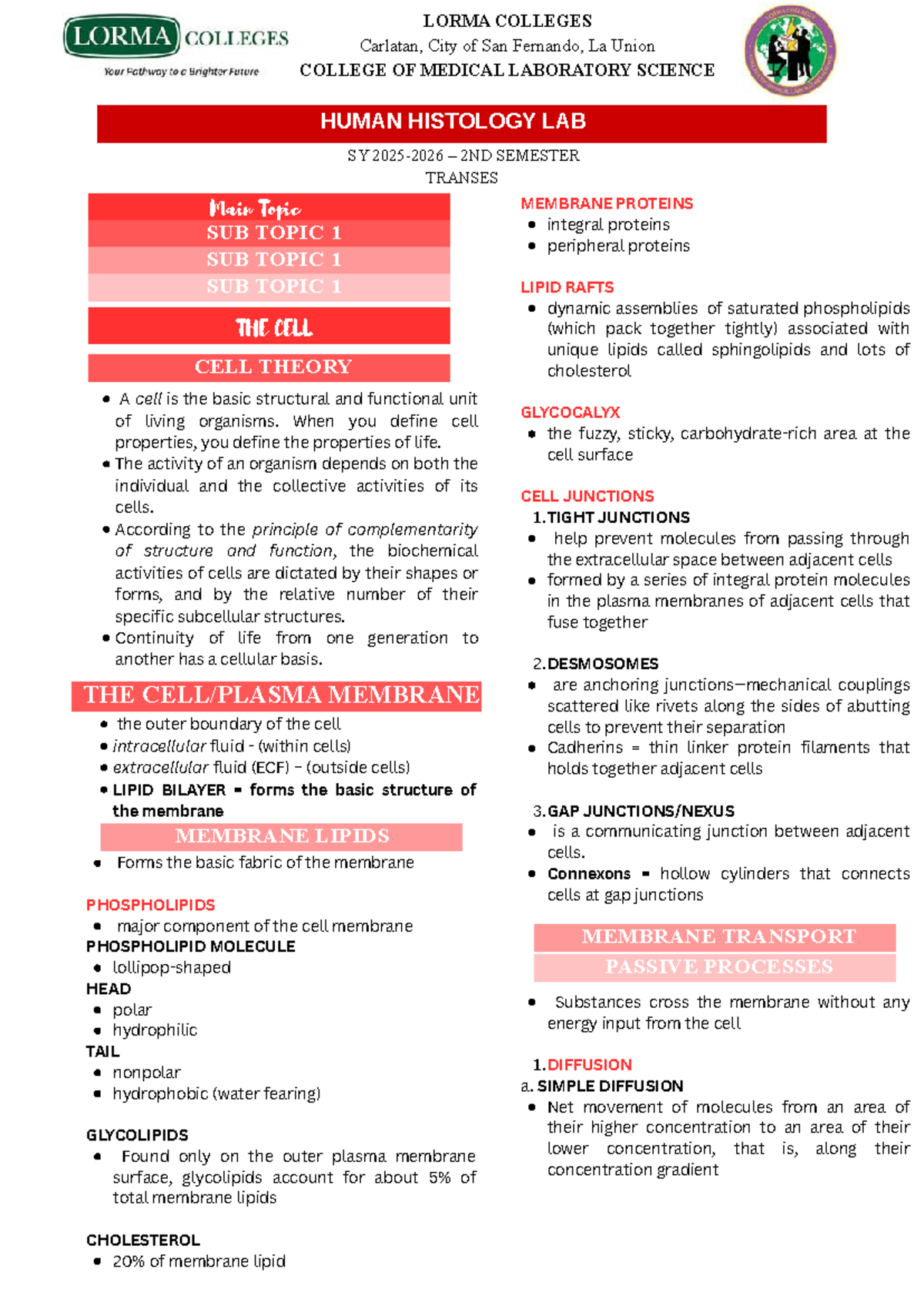 HUMAN HISTOLOGY LAB NOTES (SY 2ND SEMESTER) - LORMA COLLEGES - Studocu