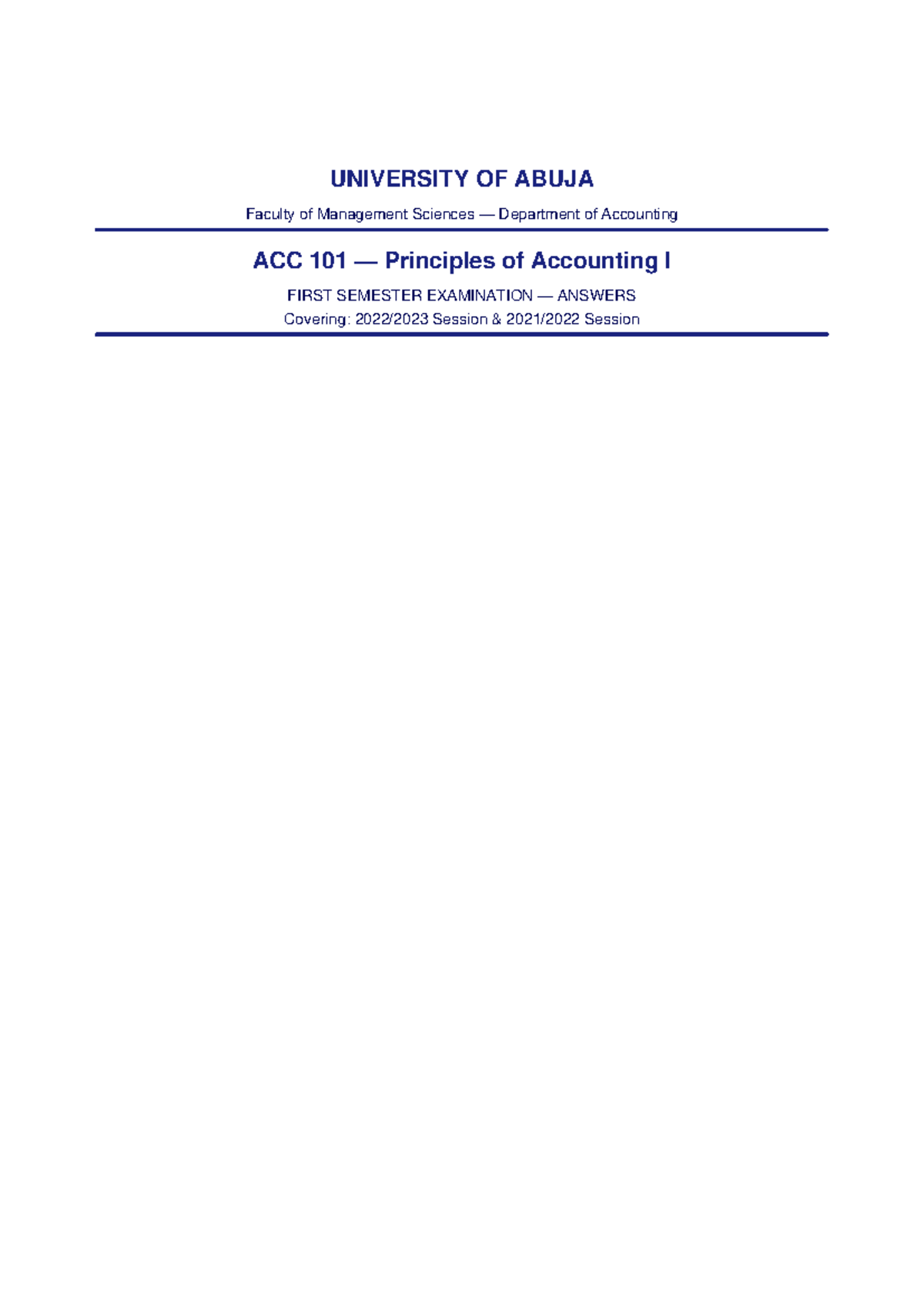 ACC 101 Principles of Accounting I First Semester Exam Answers - Studocu