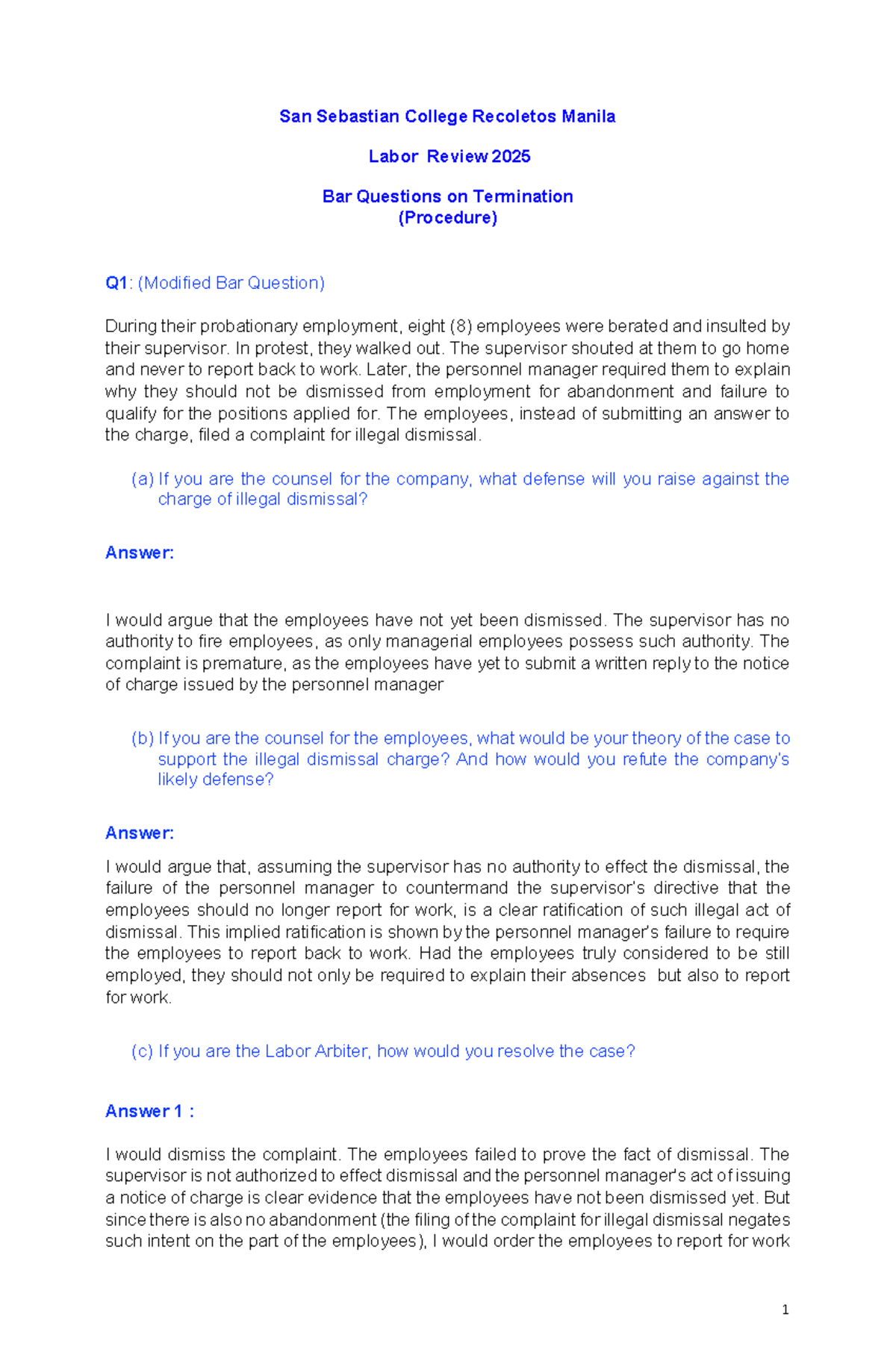 Labor Review 2025 Bar Questions on Termination Procedures - Studocu