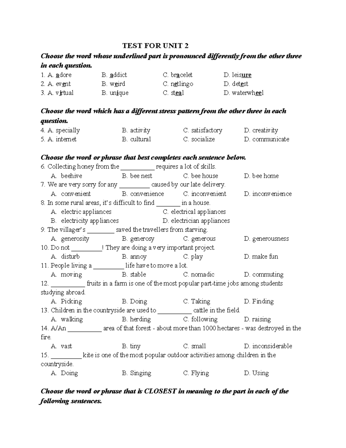 Unit 2 Test: Vocabulary & Grammar Exercise Guide - Studocu