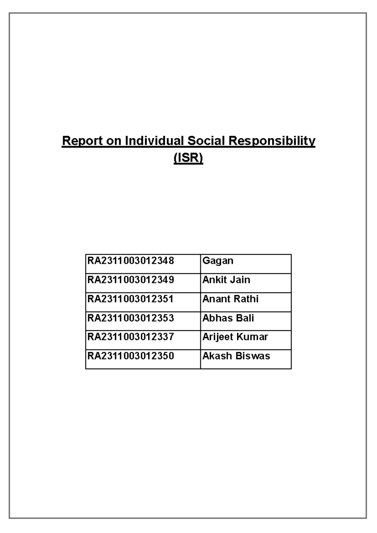 Report on Individual Social Responsibility (ISR) - RA23110030 - Studocu