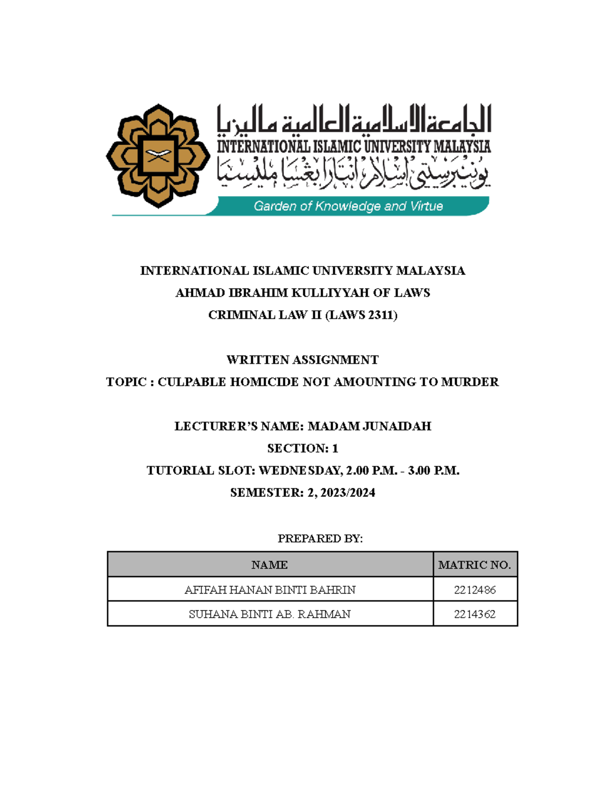 Culpable Homicide Not Amounting to Murder: LAWS 2311 Written Assignment ...