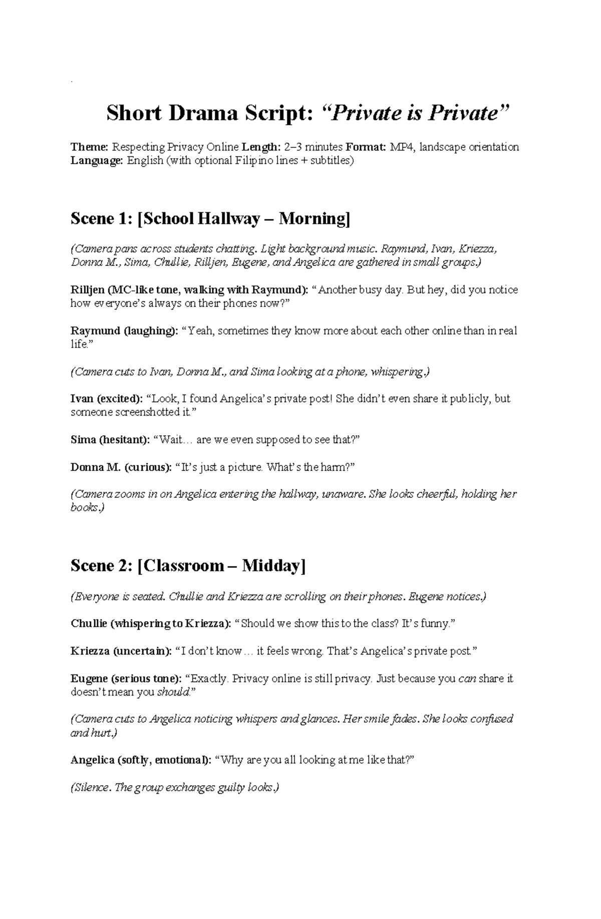 Short Drama Script: Respecting Online Privacy - Video Campaign - Studocu