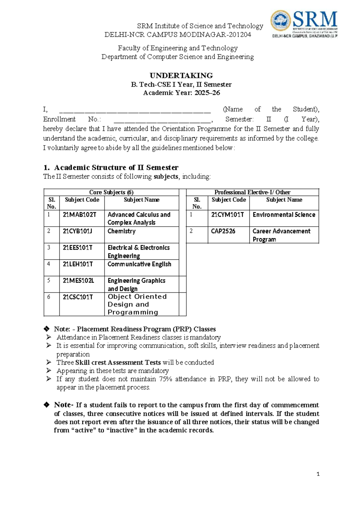 SRM Institute of Science and Technology CSE II Sem Undertaking Document ...