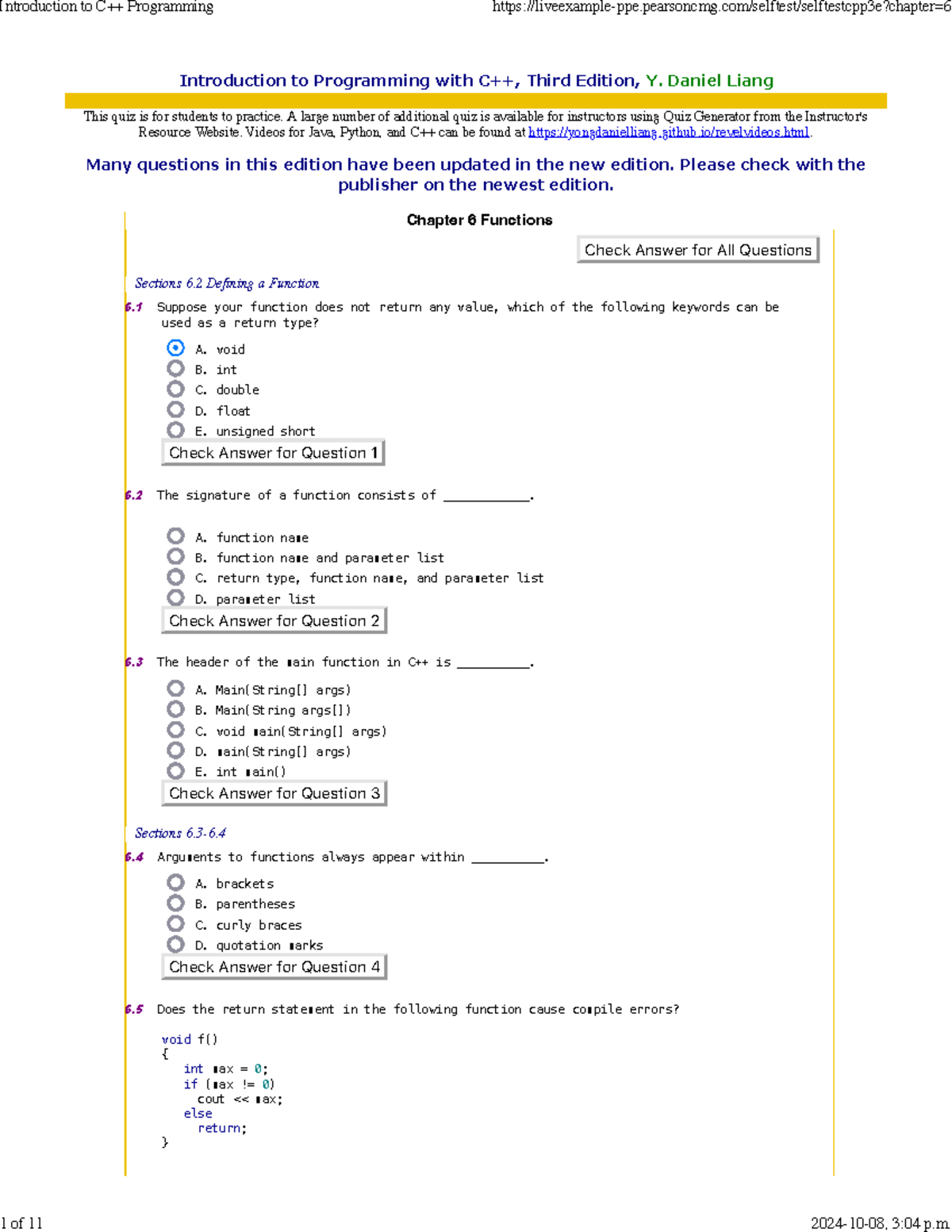 C6 Quiz: Functions in C++ - Practice Questions & Answers - Studocu