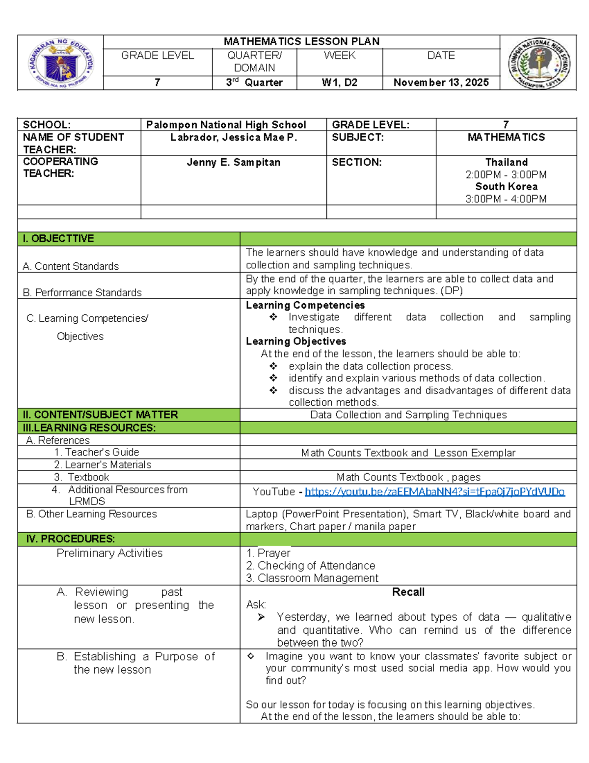 7th Grade Math Lesson Plan: Data Collection Methods (SDLP) - Studocu