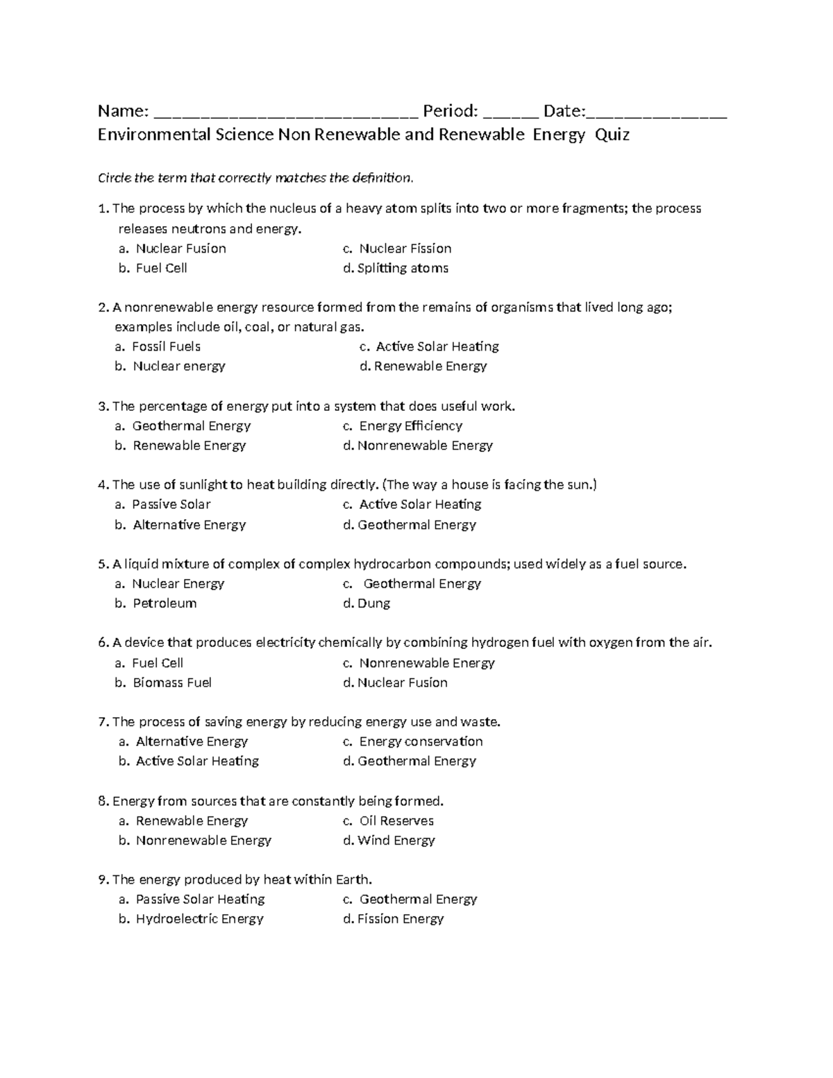 ES Quiz: Renewable and Non-Renewable Energy Concepts - Studocu