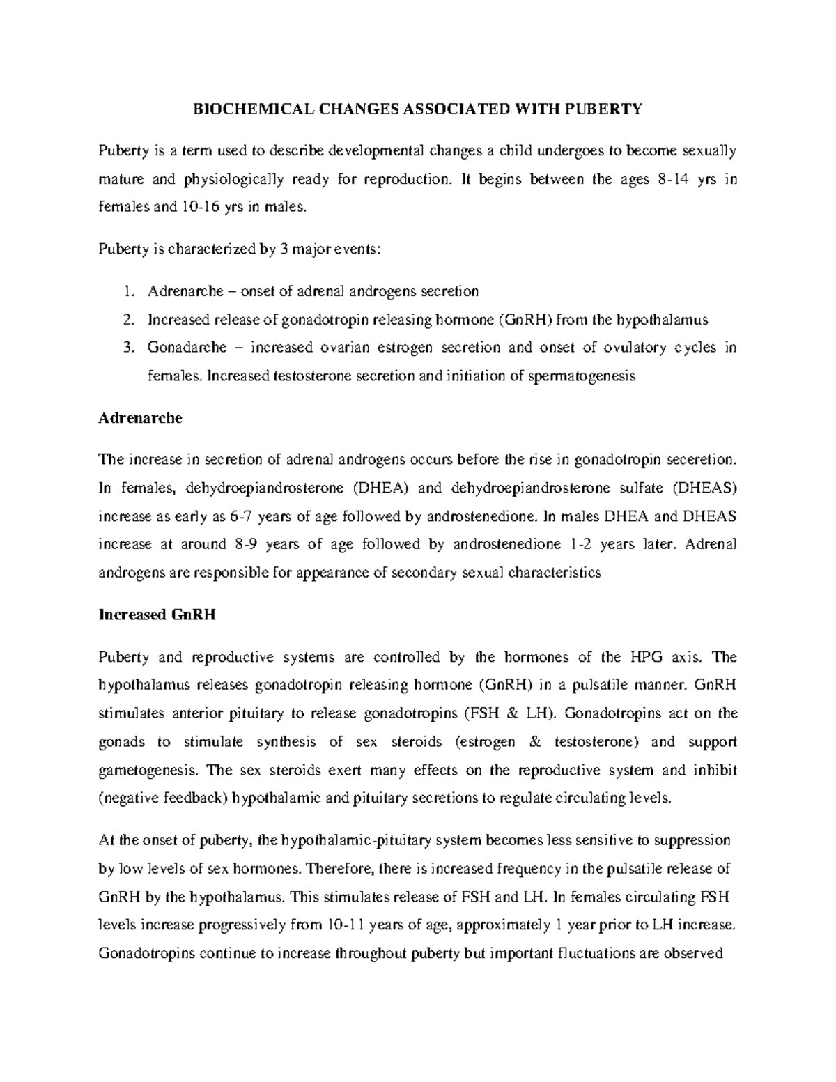 Biochemical Changes and Hormonal Regulation During Puberty (BIO 101 ...