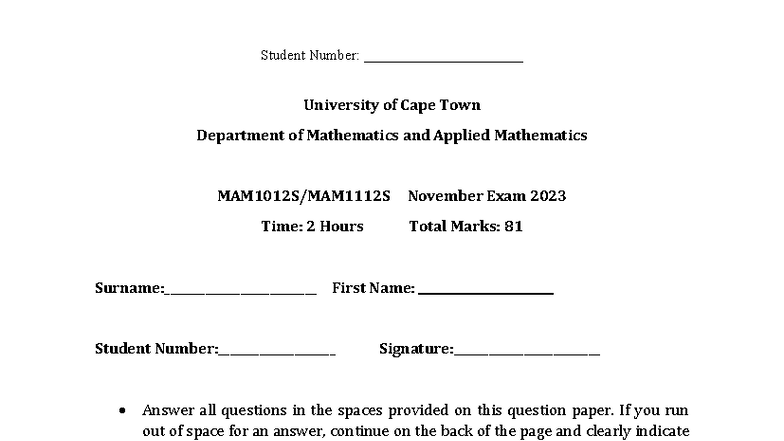 MAM1112S 2023 Final Exam - Mathematics and Applied Mathematics - Studocu