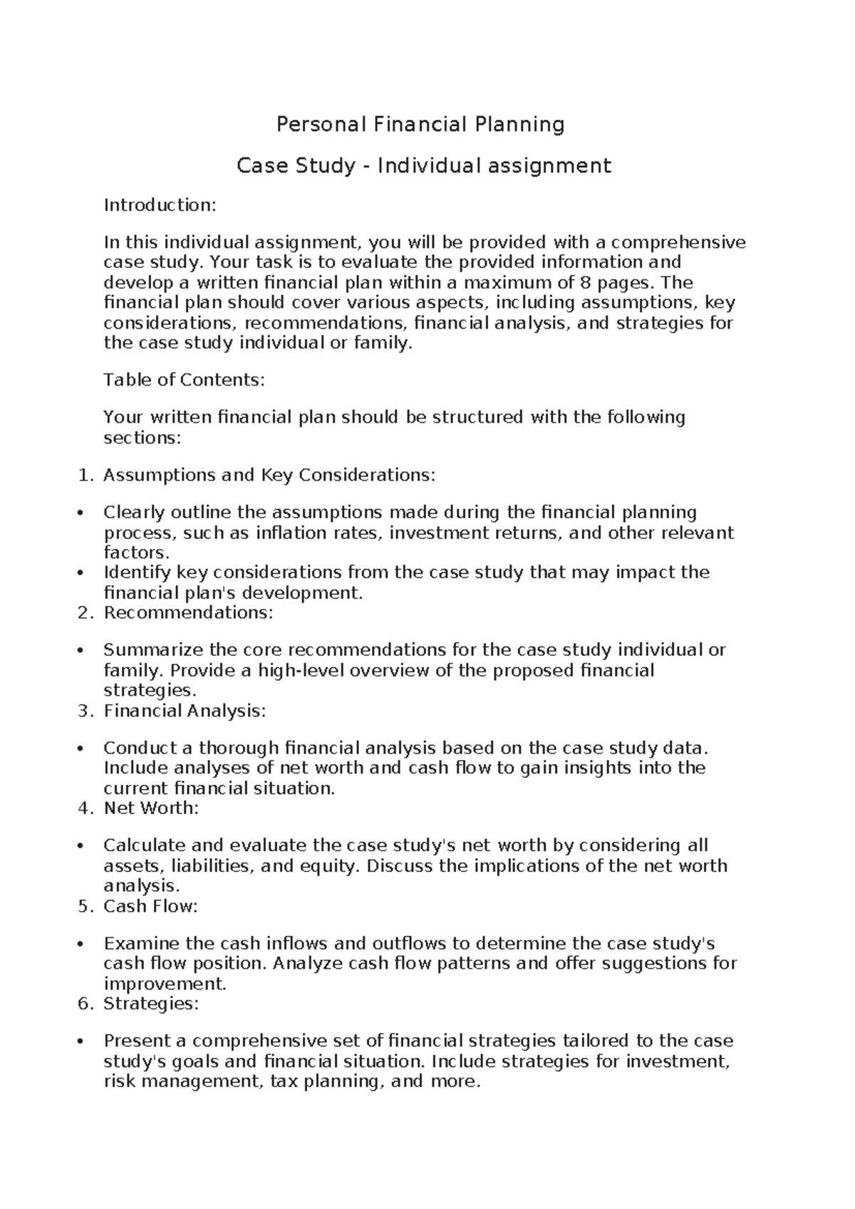 Personal Financial Planning Case Study - Individual Assignment - Studocu