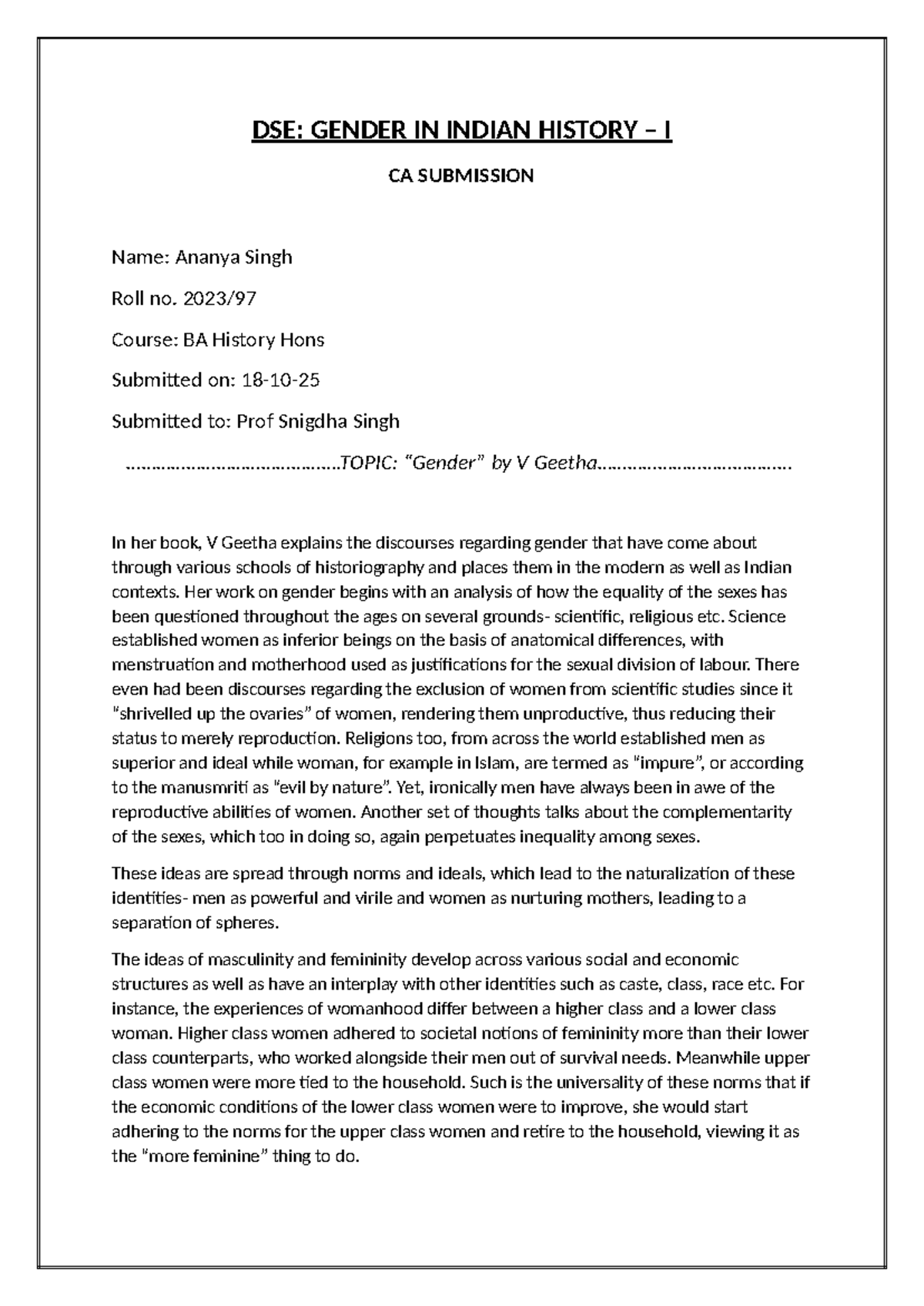 DSE: Gender in Indian History I - Book Chapter Review on V Geetha - Studocu
