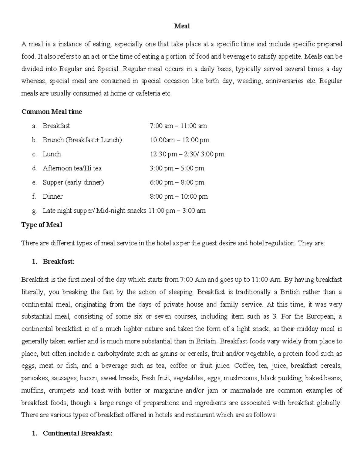 Unit 4: Breakfast Notes on Meal Types and Services - Studocu