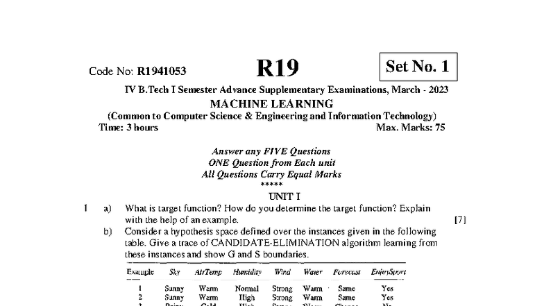 R19 Machine Learning IV B.Tech I Sem Exam Questions - March 2023 - Studocu