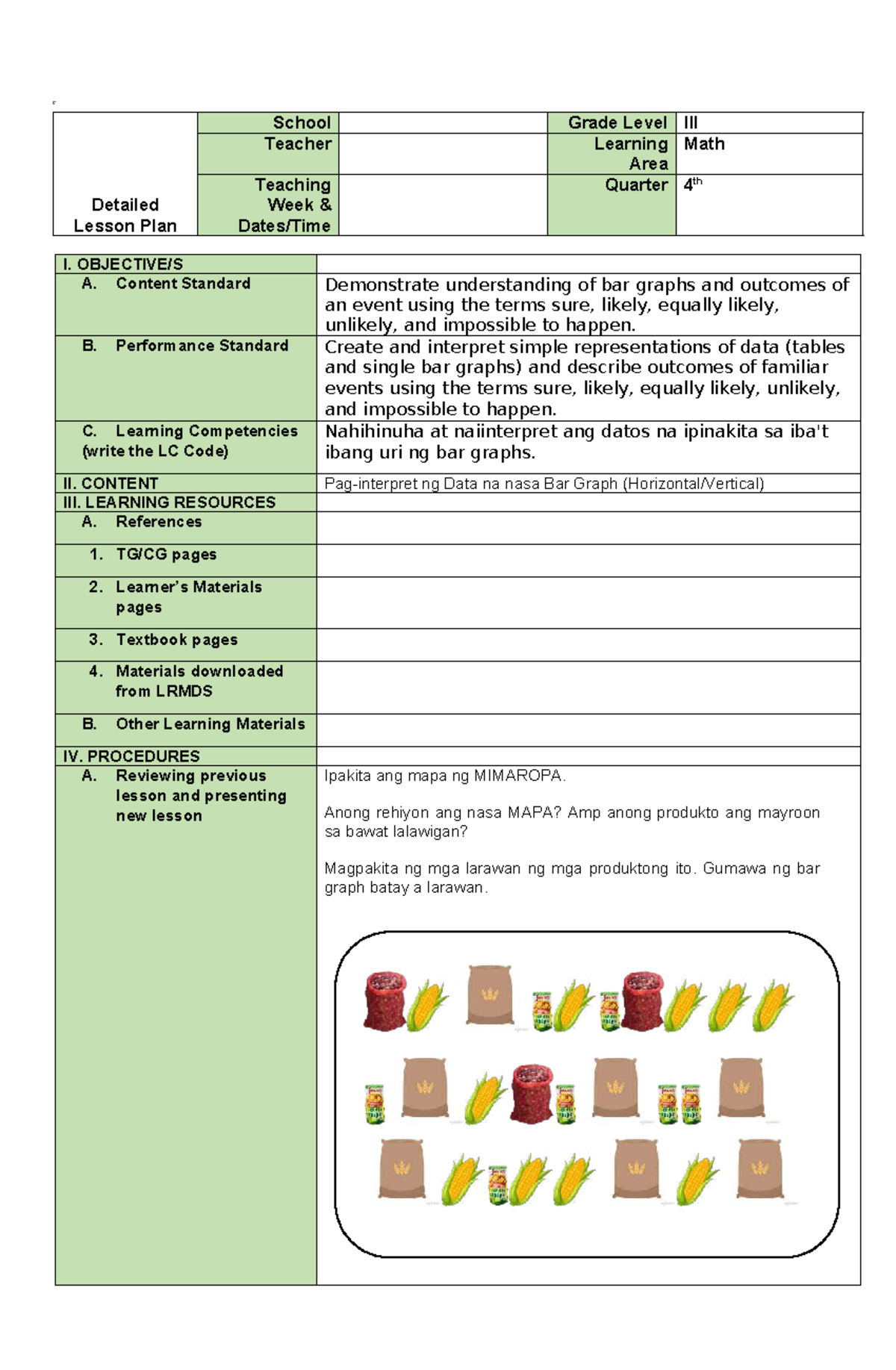 MATH 4 - Detailed Lesson Plan on Bar Graphs and Data Interpretation ...