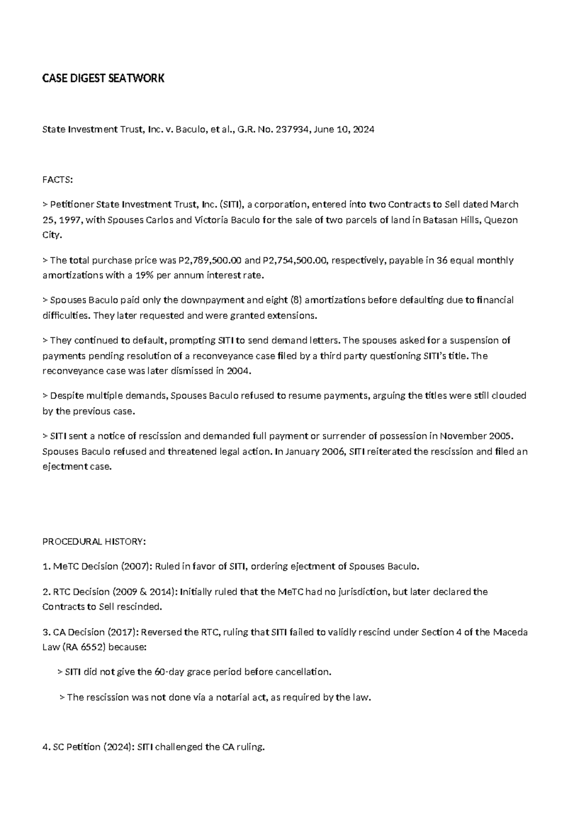 CASE DIGEST: SITI v. Baculo, G.R. No. 237934 - Maceda Law Analysis ...