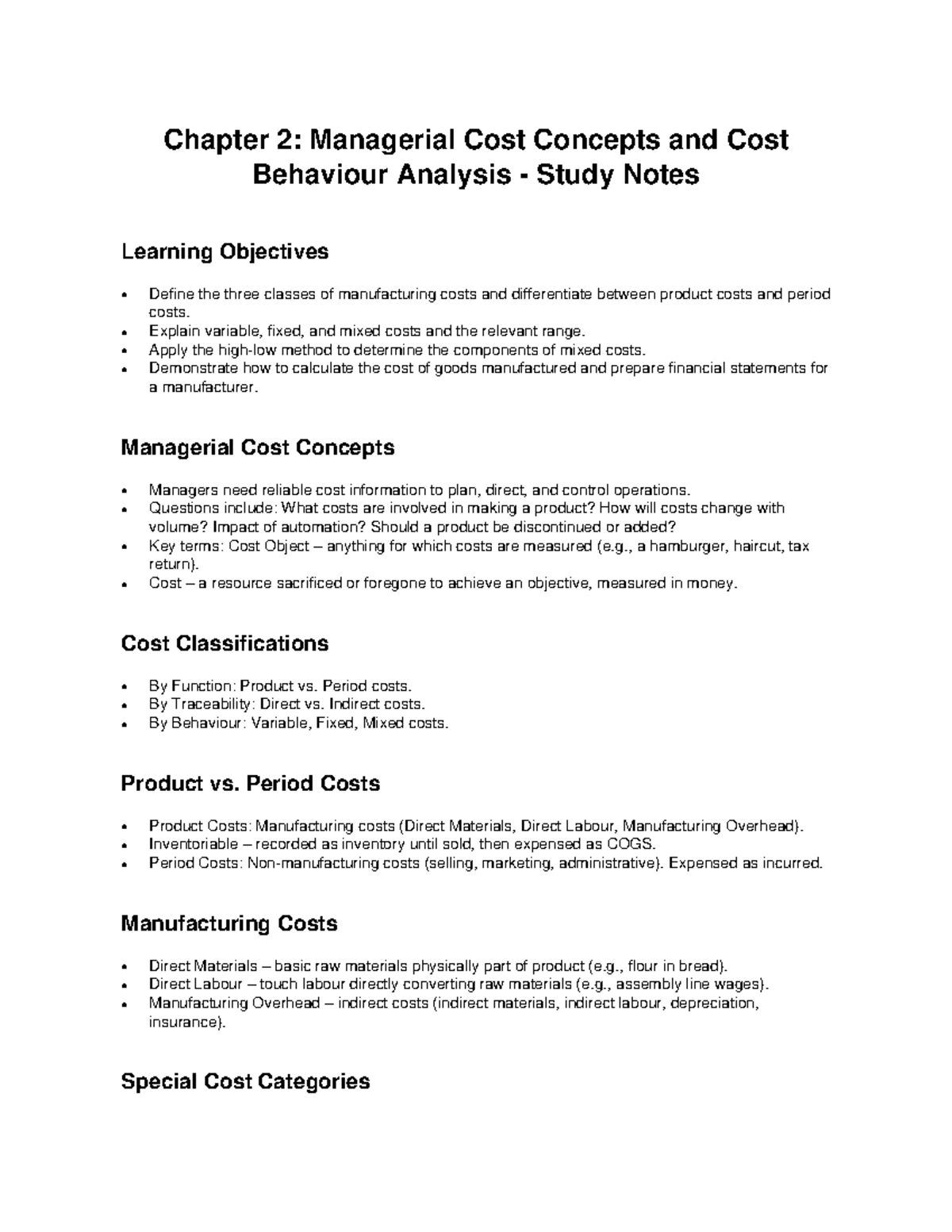 Chapter 2: Managerial Cost Concepts & Cost Behaviour Analysis Notes ...
