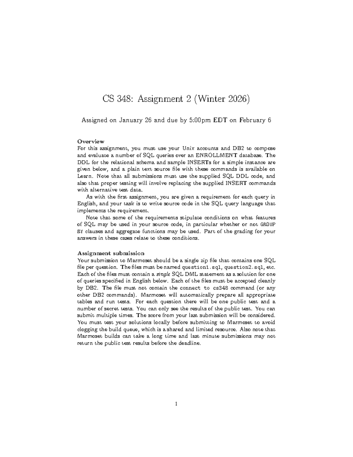 CS 348: SQL Queries Assignment 2 Overview (Winter 2026) - Studocu