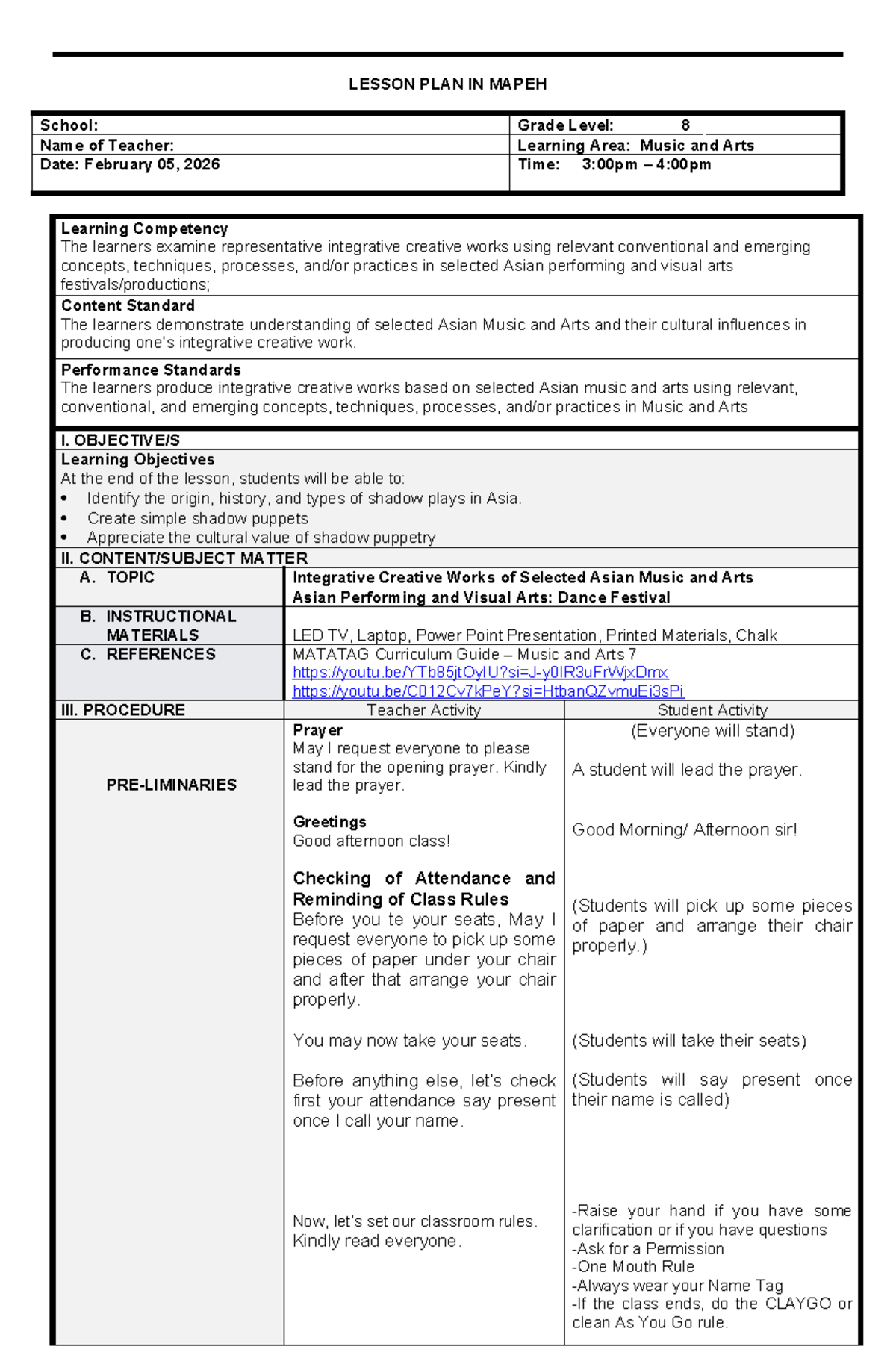 LESSON PLAN IN MAPEH 8: Integrative Creative Works of Asian Festivals ...