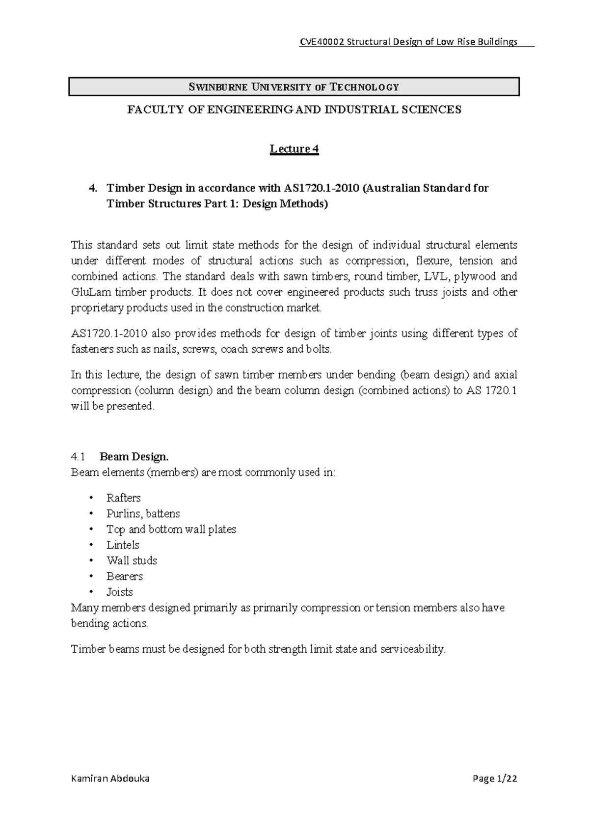 CVE40002 Lecture Notes - Week 4: Timber Design to AS 1720 - Studocu
