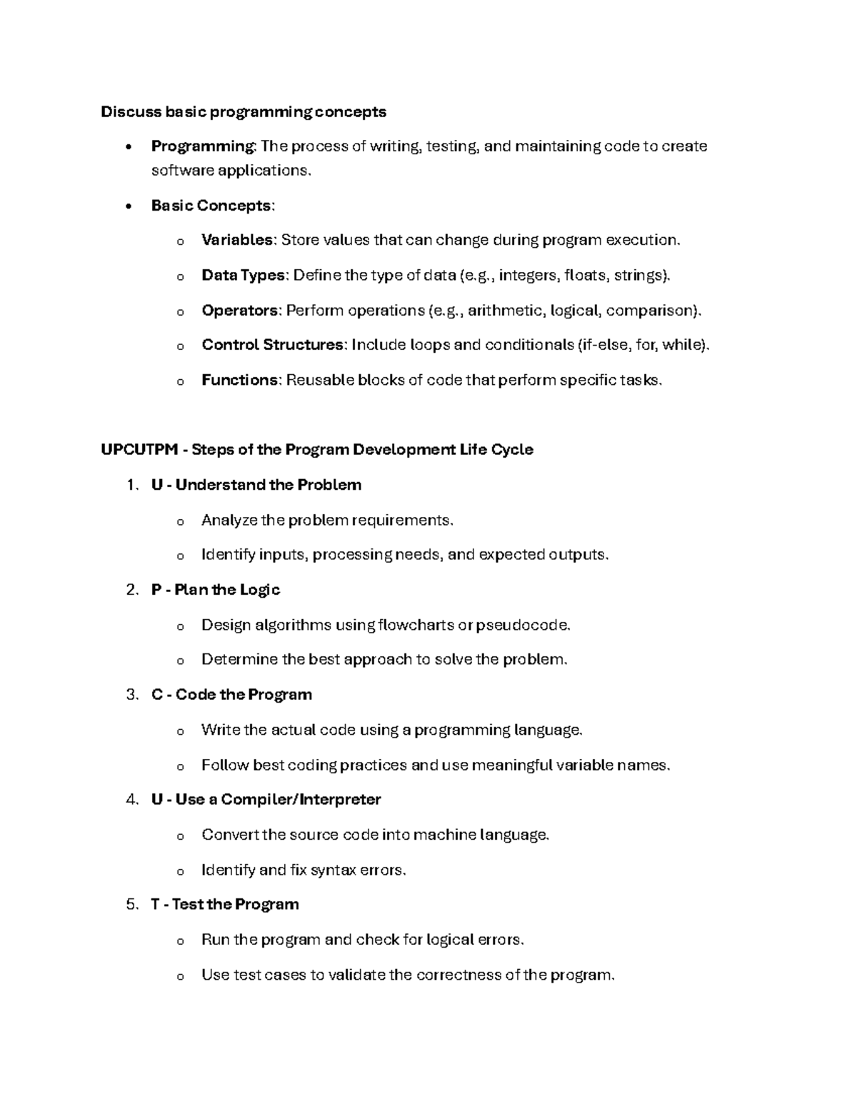 UPCUTPM Overview: Basic Programming Concepts & PDLC Steps Explained ...