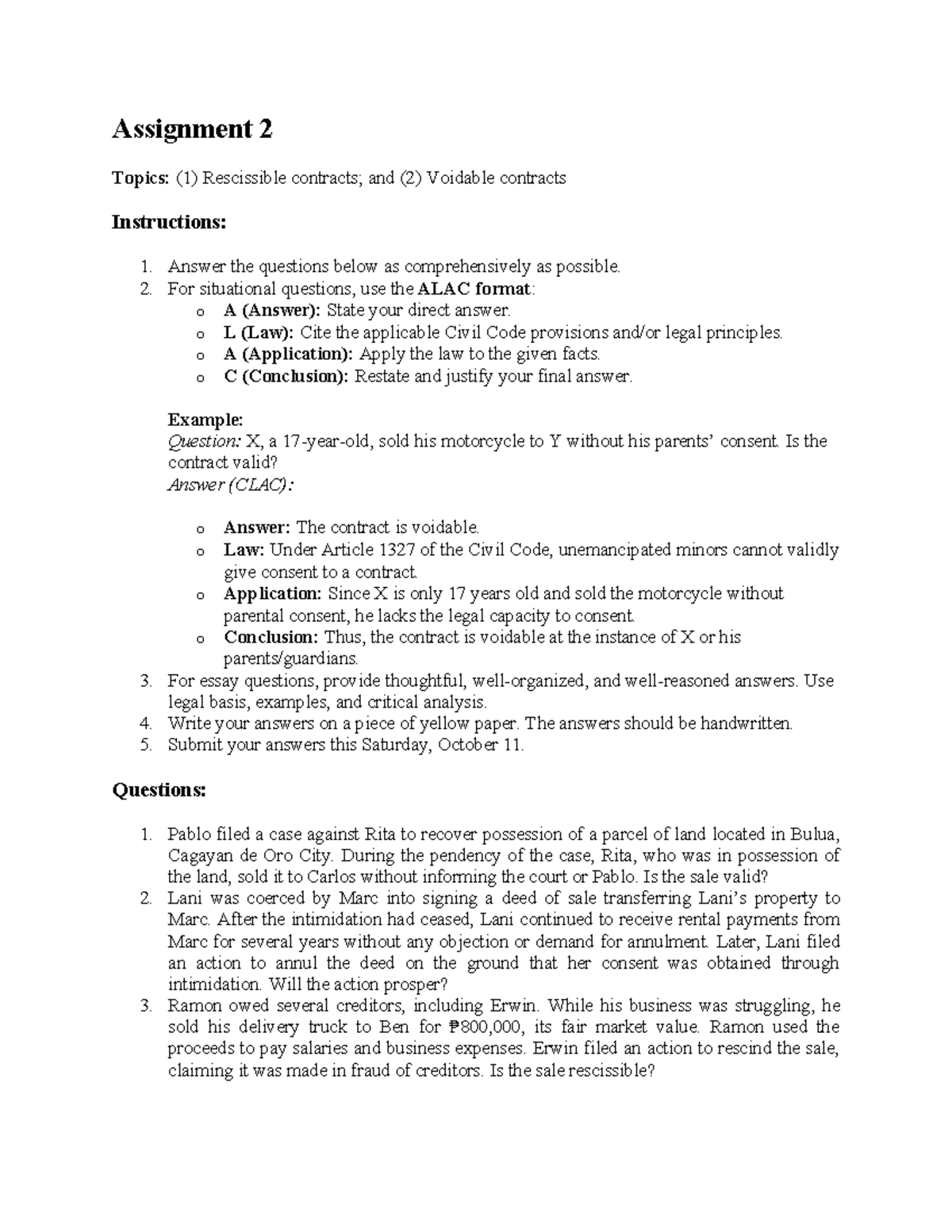Assignment 2: Rescissible & Voidable Contracts Analysis (LAW 101) - Studocu