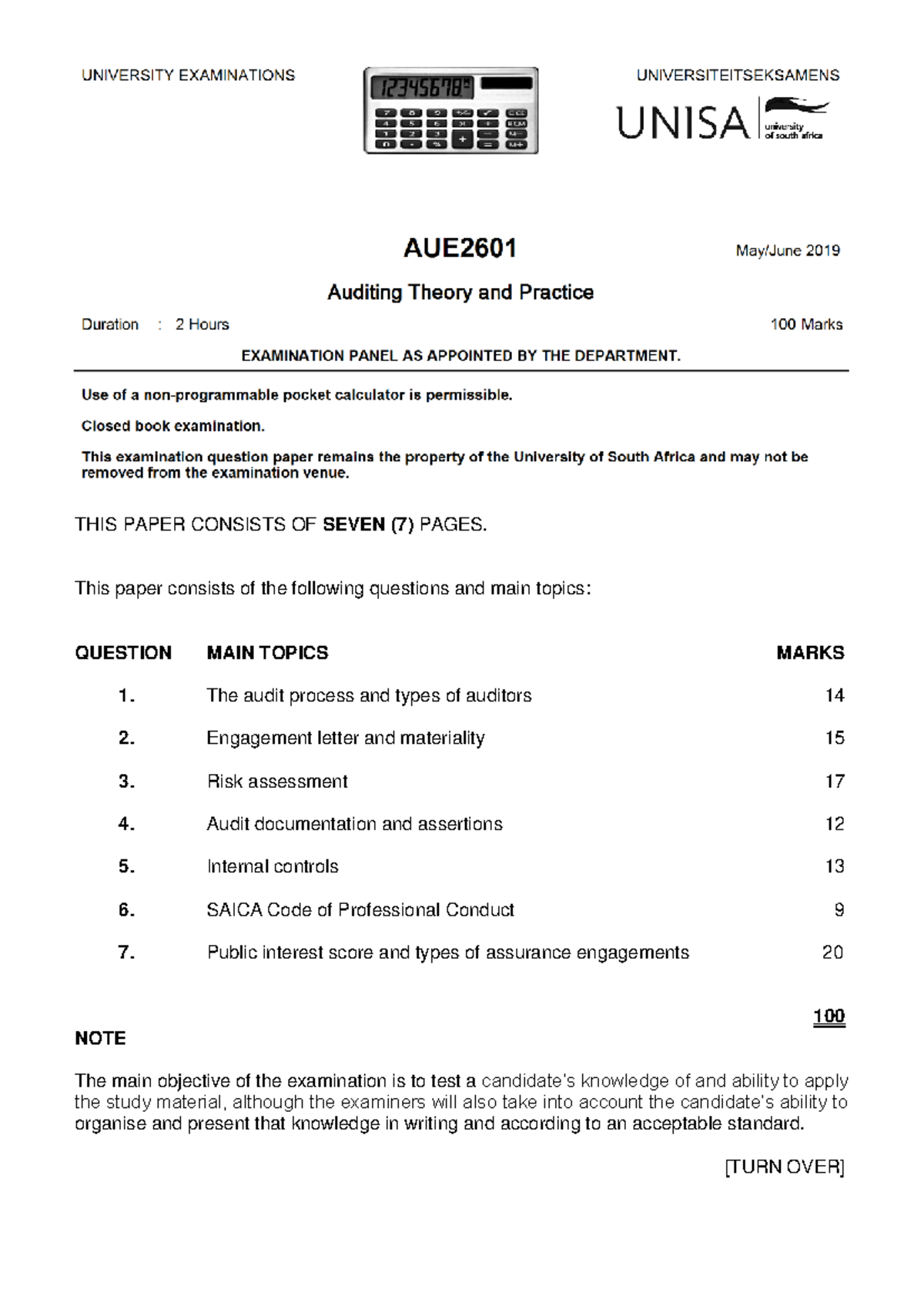 AUE2601 May/June 2019 Exam Paper - Audit Principles & Engagements - Studocu