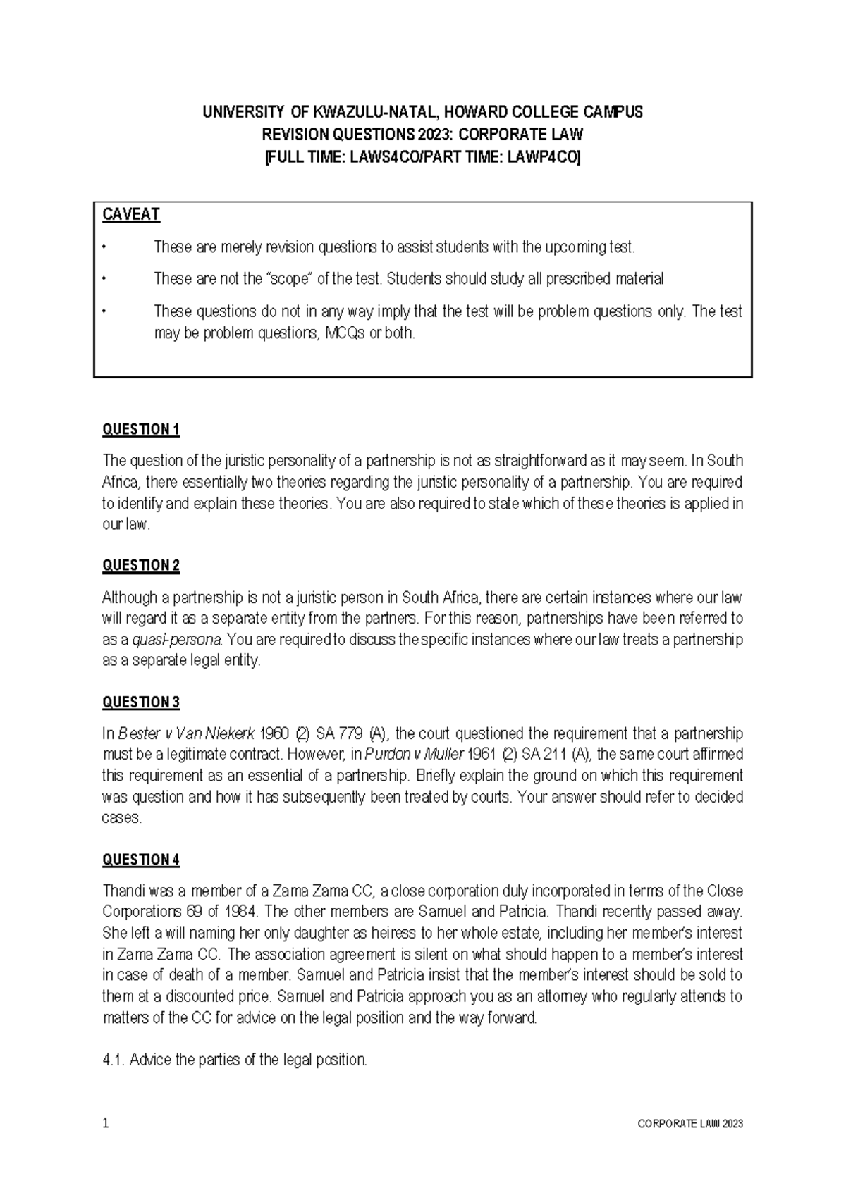 Revision - TEST 1 2023 - 1 CORPORATE LAW 2023 UNIVERSITY OF KWAZULU ...