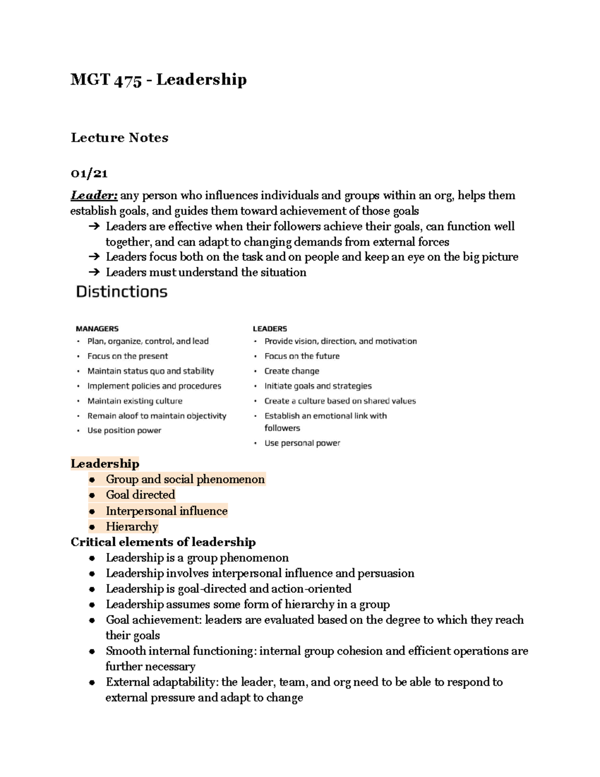 MGT 475 - Leadership Lecture Notes: Essential Concepts & Theories - Studocu