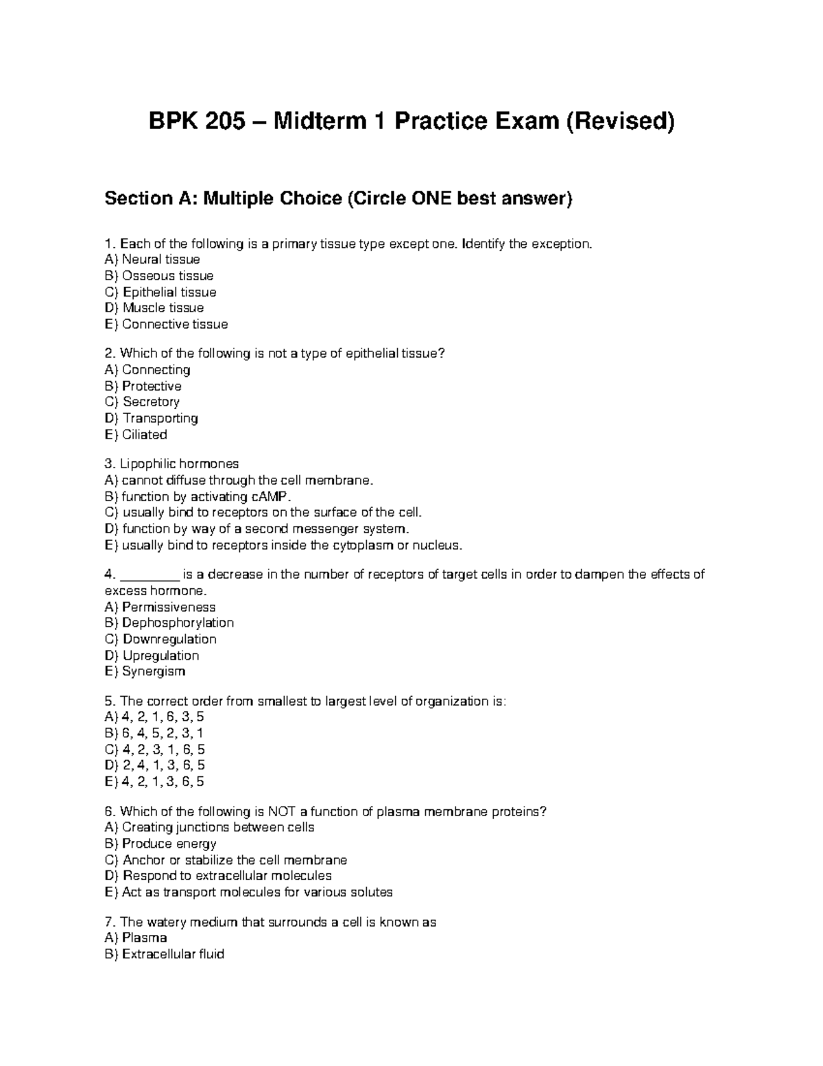 BPK 205 Midterm 1 Practice Exam: Multiple Choice Questions - Studocu